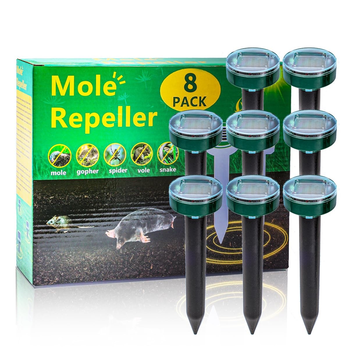 8 green UPGRADE Mole Repellent for lawns Gopher Ultrasonic
