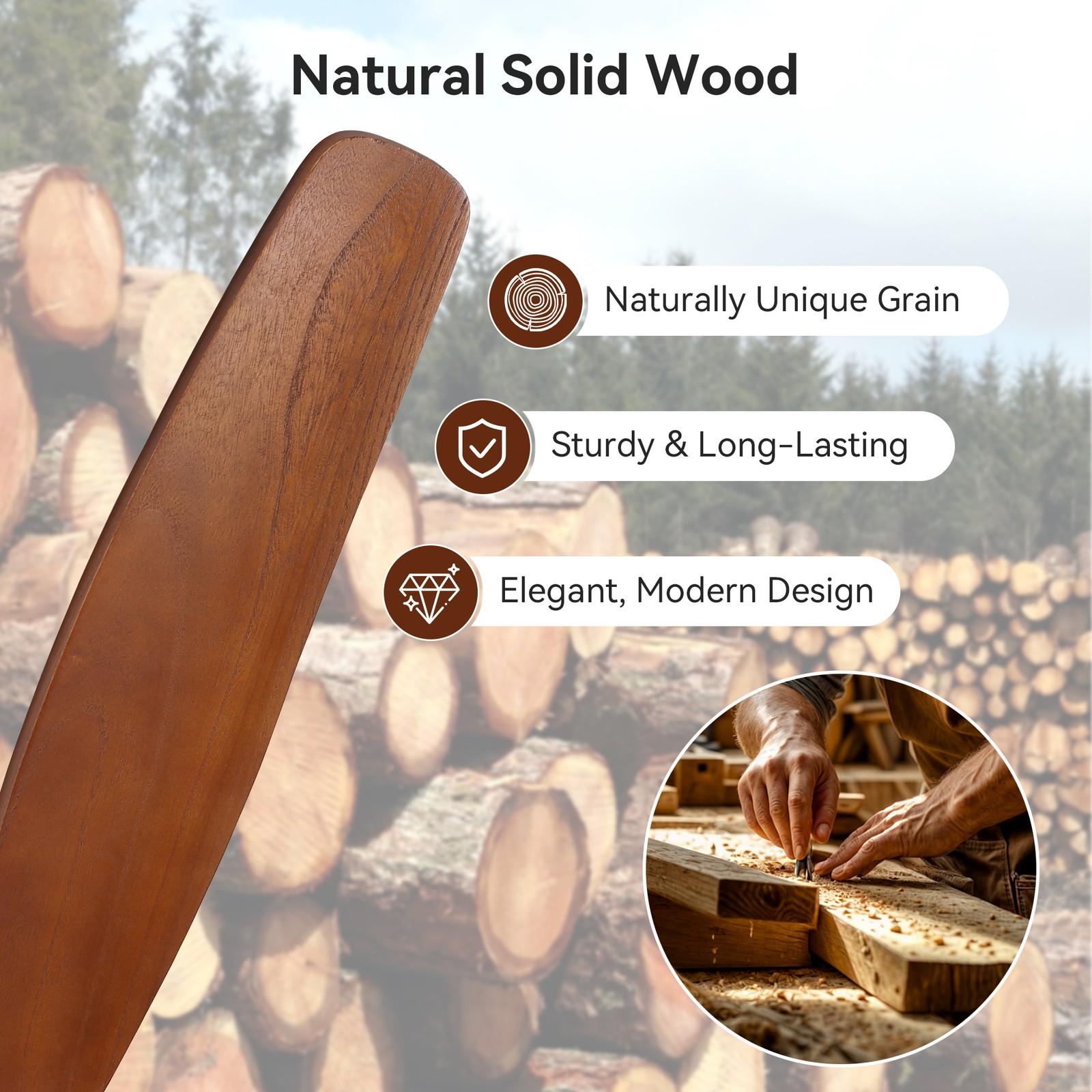 Outdoor Solid Wood Low Profile Flush Mount Ceiling Fan No Light Reversible DC