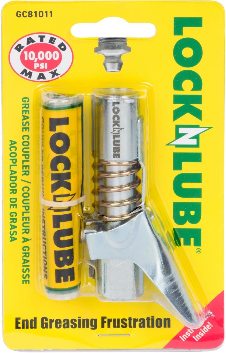 LockNLube Grease Gun Coupler locks onto Zerk fittings. Grease goes in, not on th