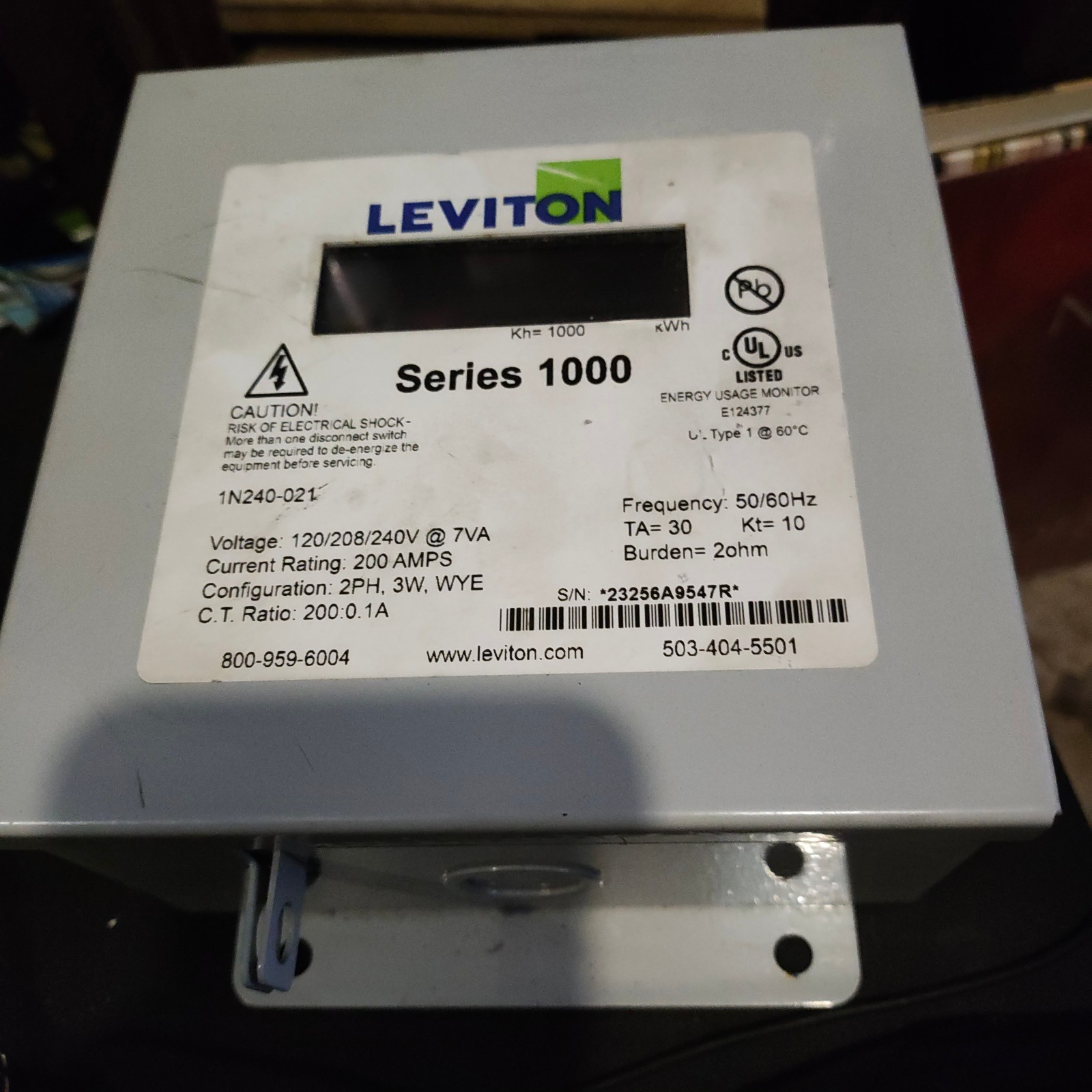 Leviton 1N240-021 Series 1000 Submeter, 2ph/3w/WYE , 120V/208V/240V, 200:0.1A