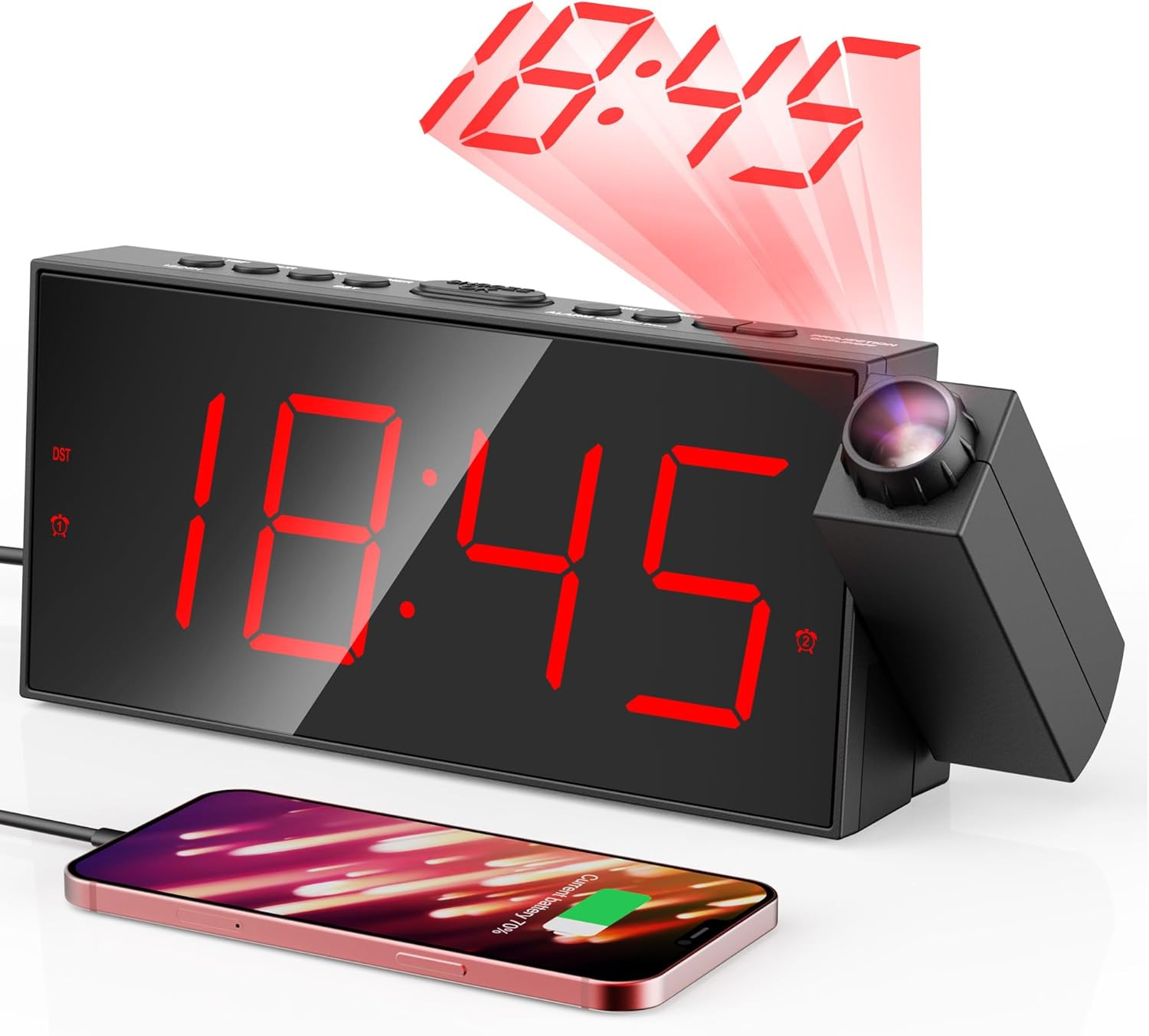 Projection Alarm Clock, Digital Clock with 180° Rotatable Projector, 5-Level Bri