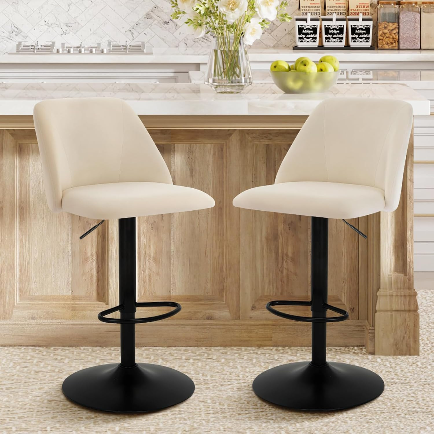 Bar Stools Set of 2, Modern Swivel Bar Chairs, Adjustable Upholstered Barstools
