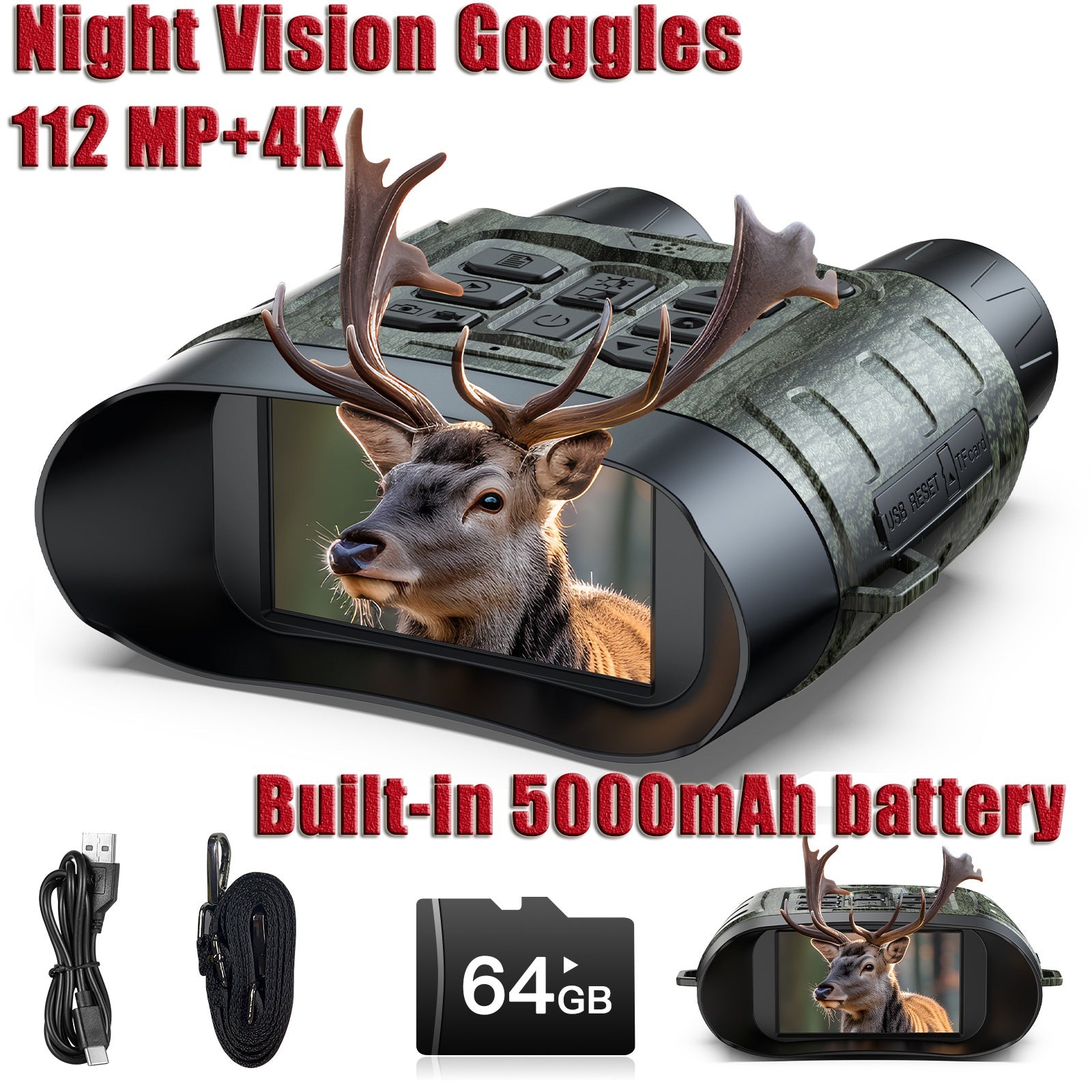 4K Night Vision Goggles 112MP Binoculars 12X Zoom & 5000mAh Battery For Hunting