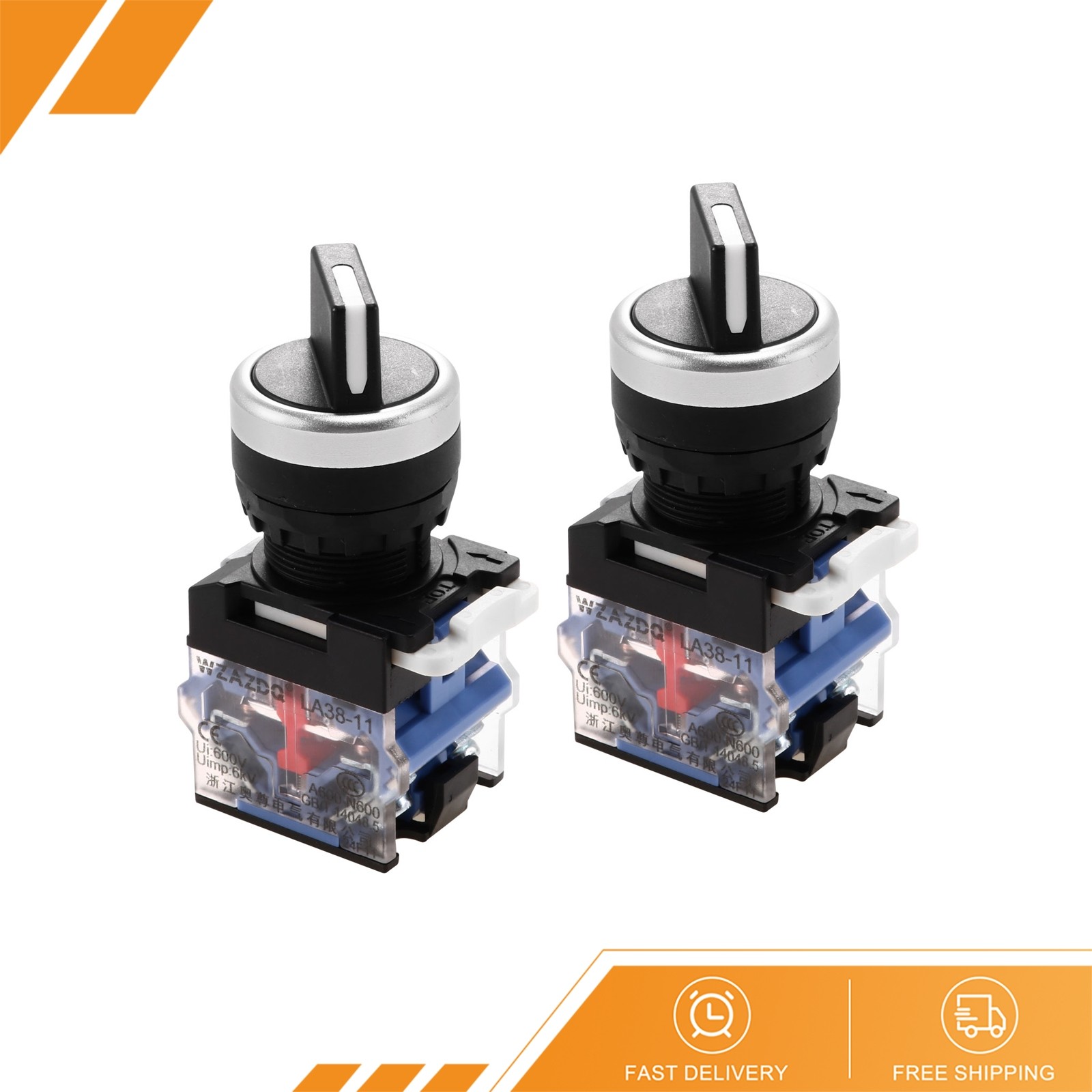 2 x Rotary Selector Switch 2 Positions 1NO+1NC Self-Lock Latching AC 600V 10A
