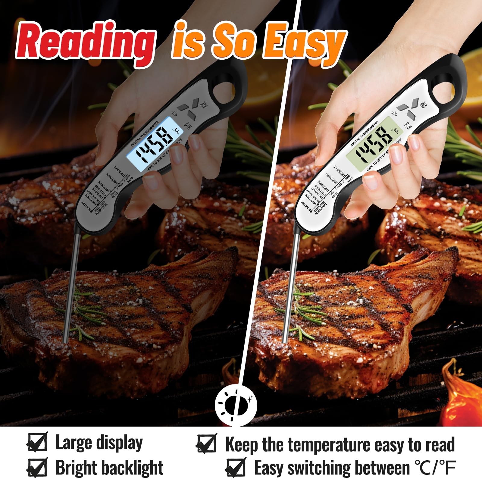 Meat Thermometer, IP67 Waterproof Digital Meat Thermometer with Backlight, Ho...