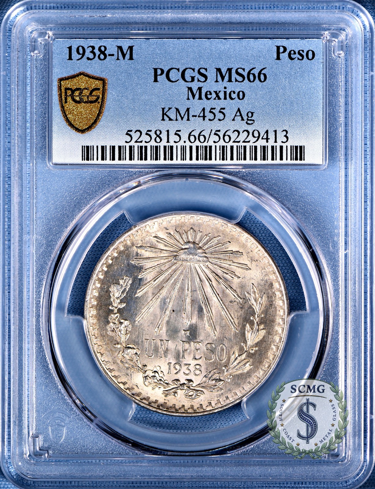 1938-Mo Mexico Silver Peso PCGS MS66 - Clean Lustrous Champagne White