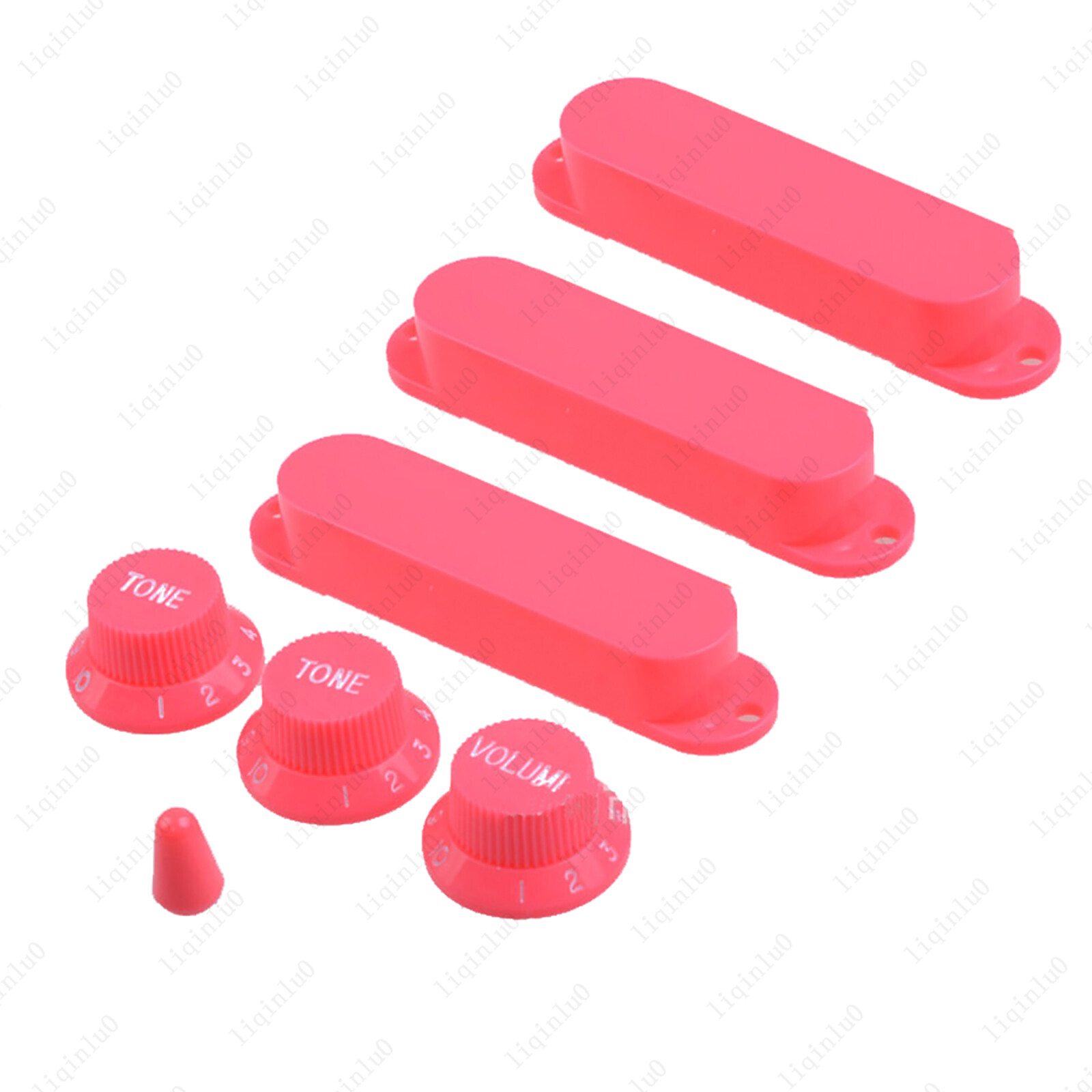 Rose Red Closed Strat Pickup Covers w/ Guitar Knobs and 5 Way Switch Tip
