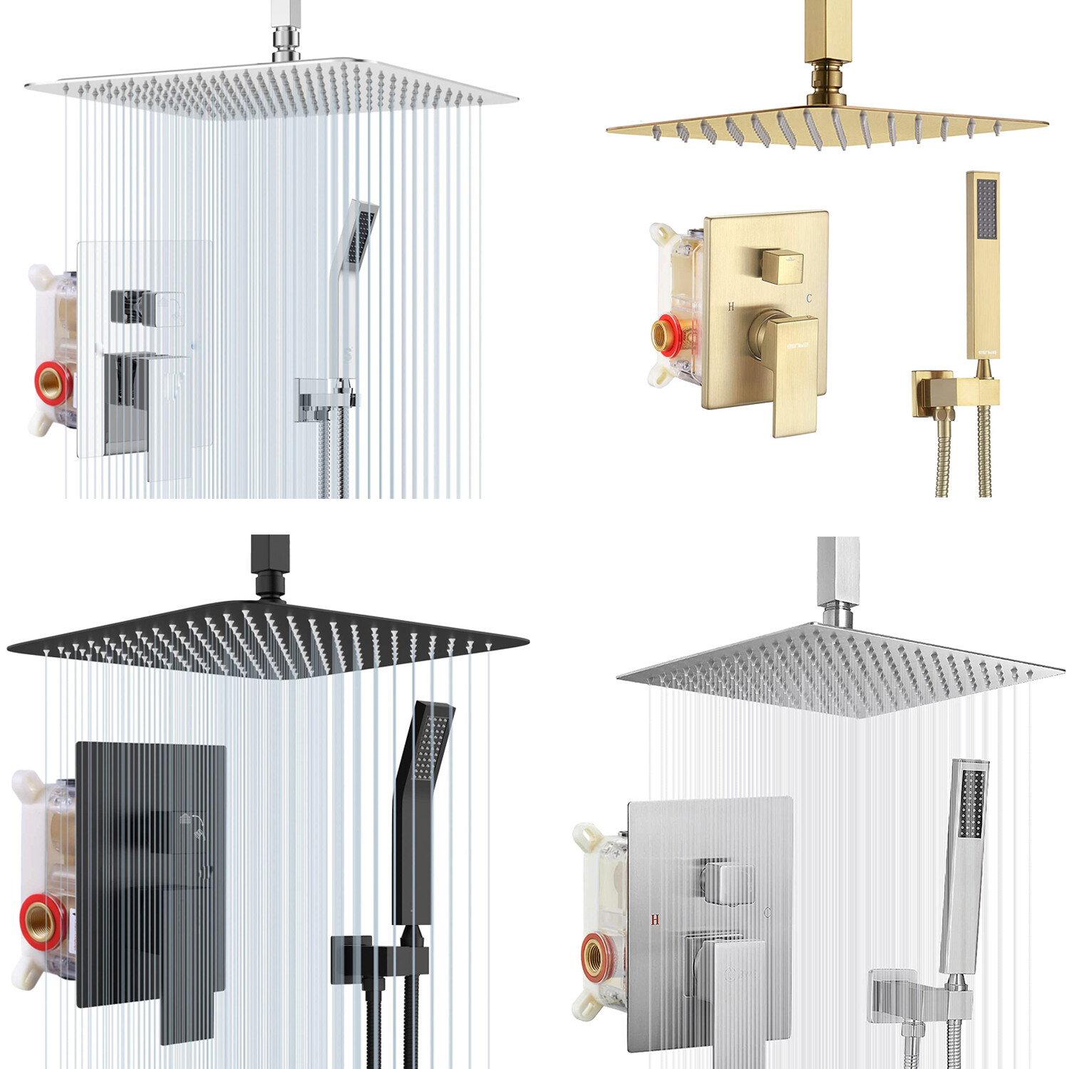 Ceiling Mounted Shower Faucet Set Rain Shower Head Combo System w/ Mixer Valve