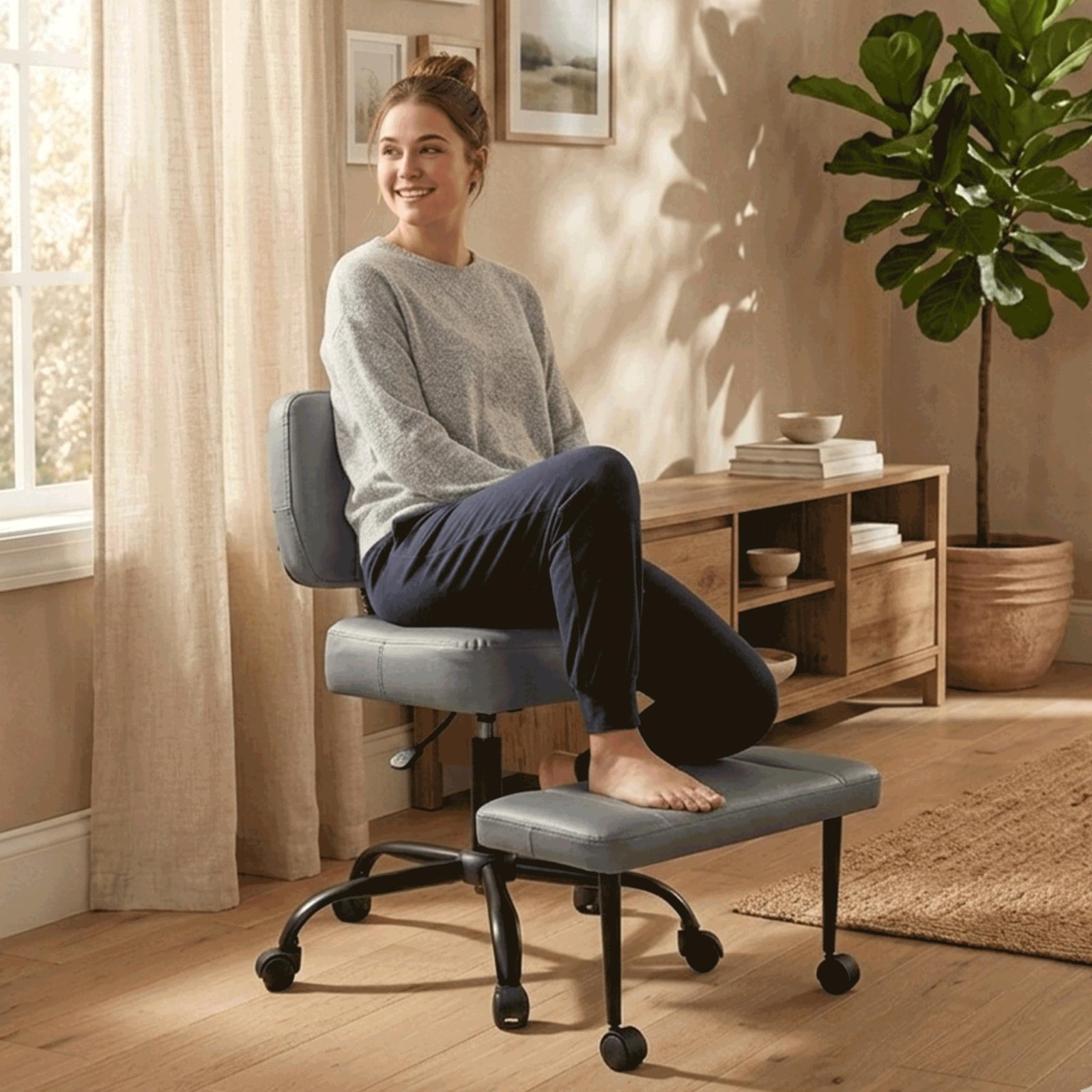 Criss Cross ADHD Kneeling Chair Adjustable Footrest Lumbar Support Grey PU