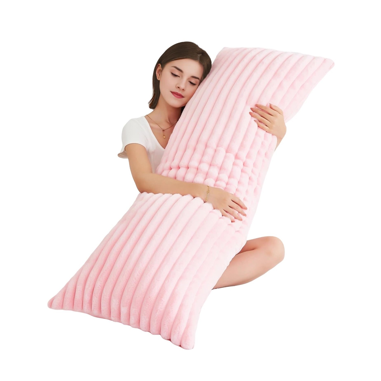 Full Body Pillow 20x54 Inches Fluffy Stripe Faux Fur Removable Cover Pink Soft