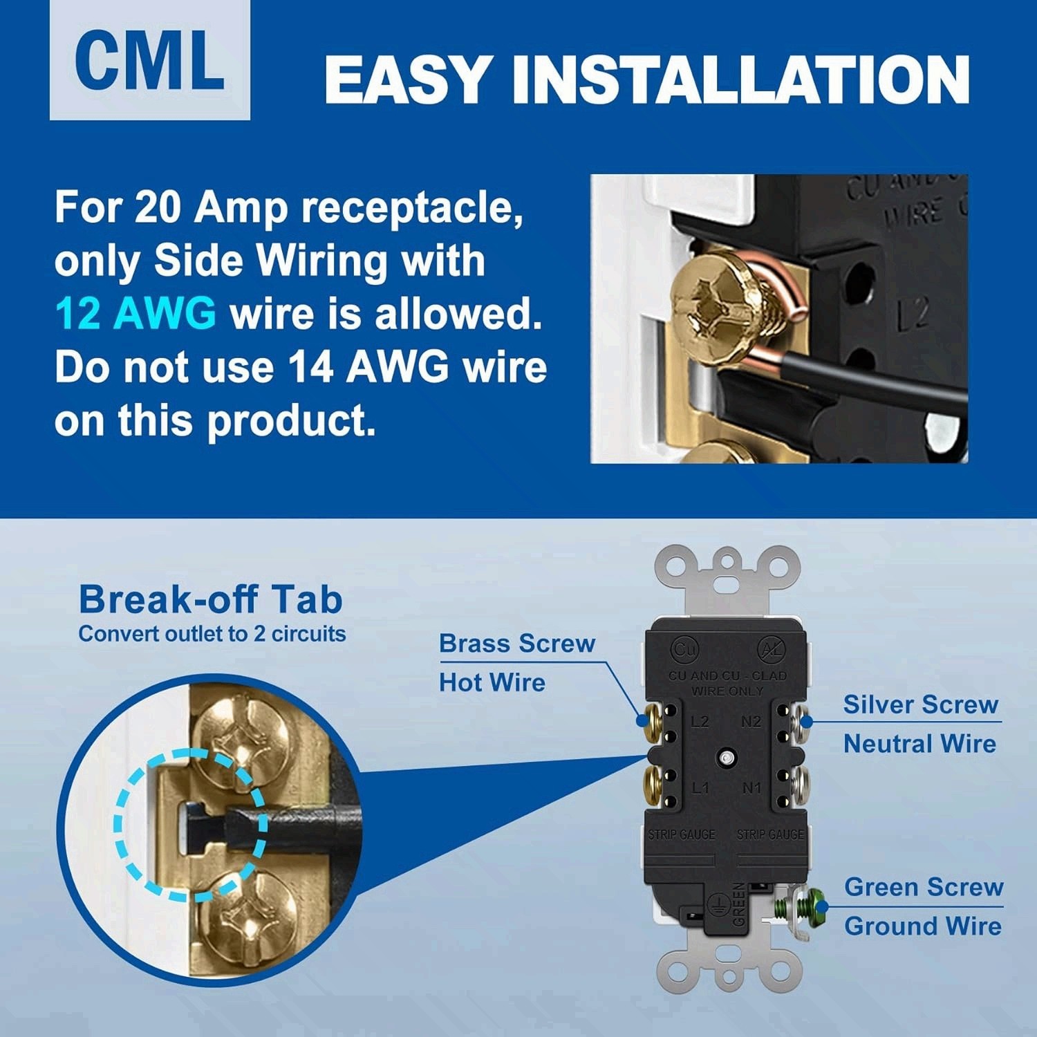 20 Amp Decorator Wall Receptacle, Decor Electrical Outlets, 20A/125V