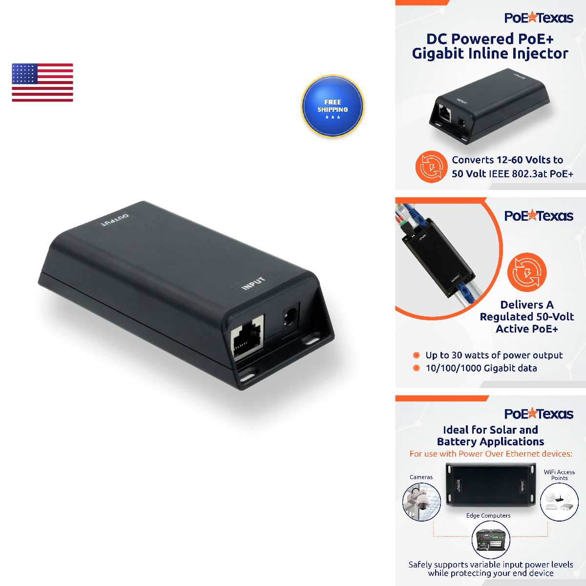 Poe Texas Dc-Powered Poe 30 Watt Gigabit Inline Injector Converts 12-60V In To