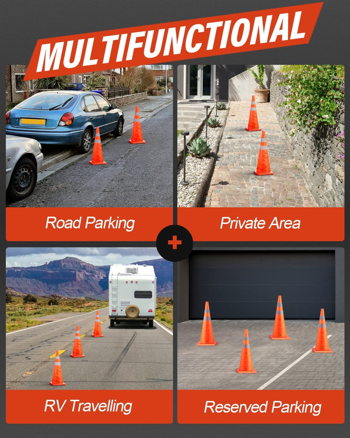 18 Inch 4 Pack Collapsible Traffic Safety Cones, Multi Purpose Pop-Up Cones with