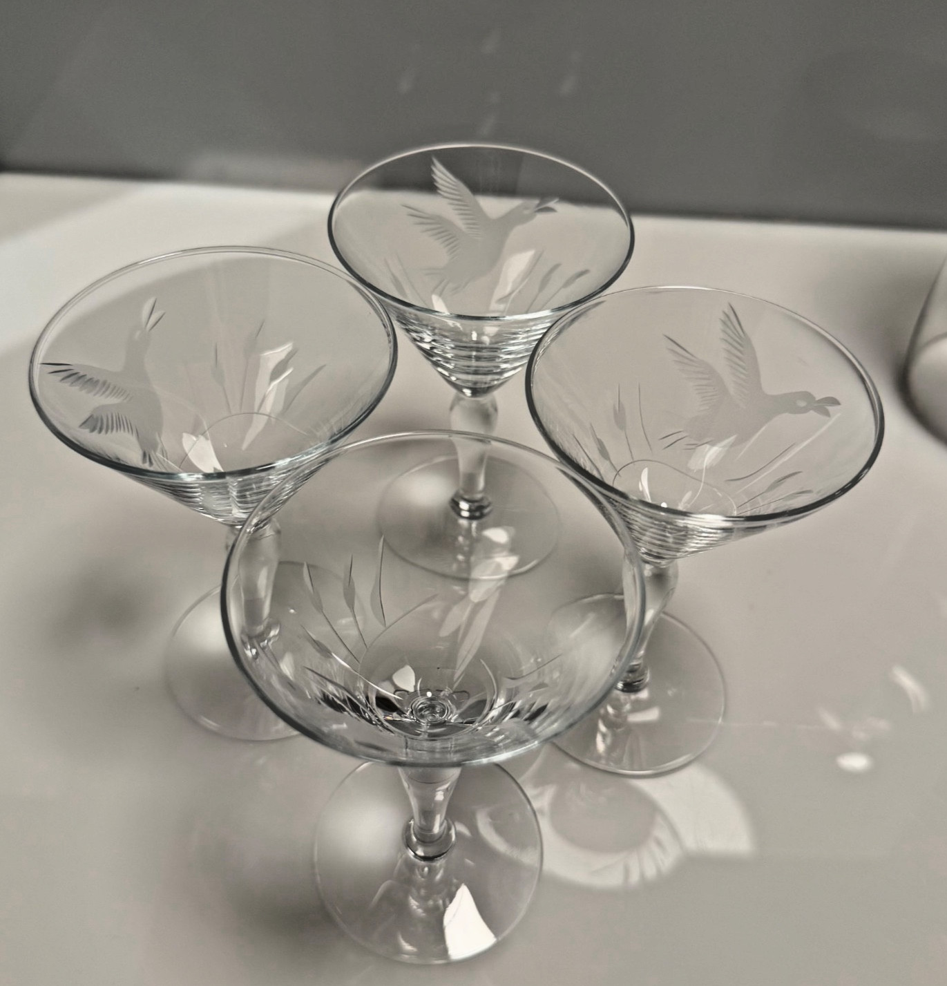 Vintage Five Piece Etched Glass Martini Set with Elegant MCM Flying Geese Design