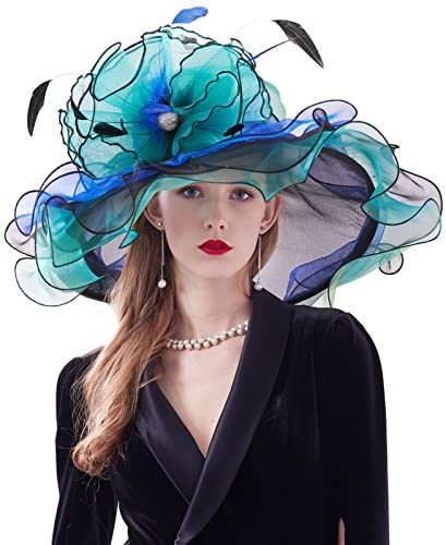 Z&X Women Organza Church Derby Hat Wide Brim Sun One Size 013a- Blue and Green