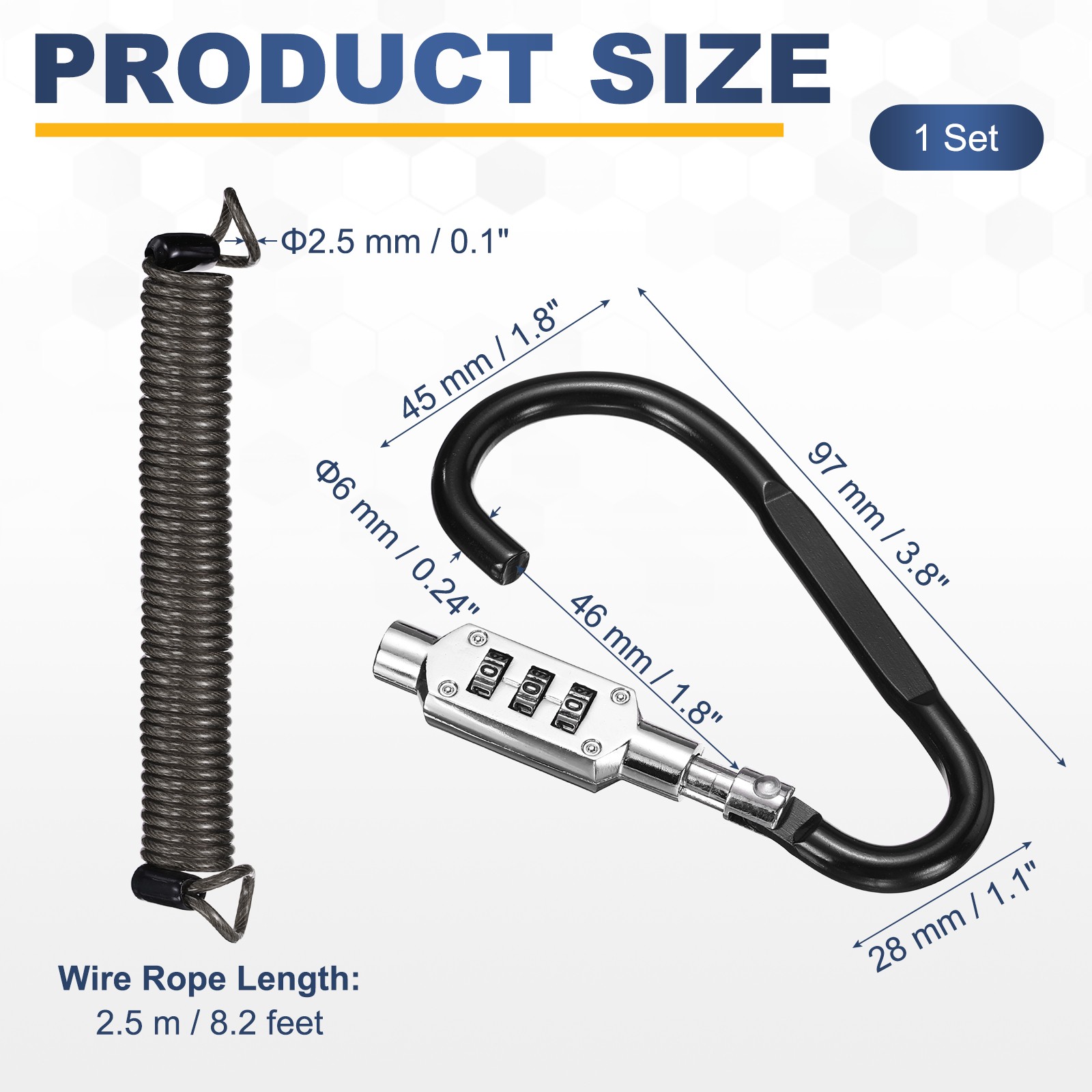 8.2Ft Security Cable Lock Steel Safety Cable with 3.8" Combination Lock Black