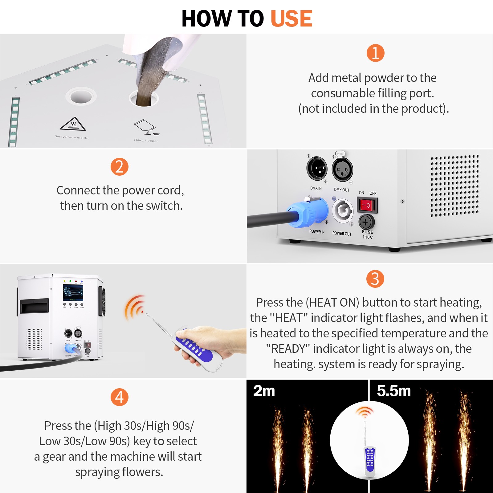 Stage Firework Machine 1200W DMX Cold Spark Machine with Wireless Remote Control