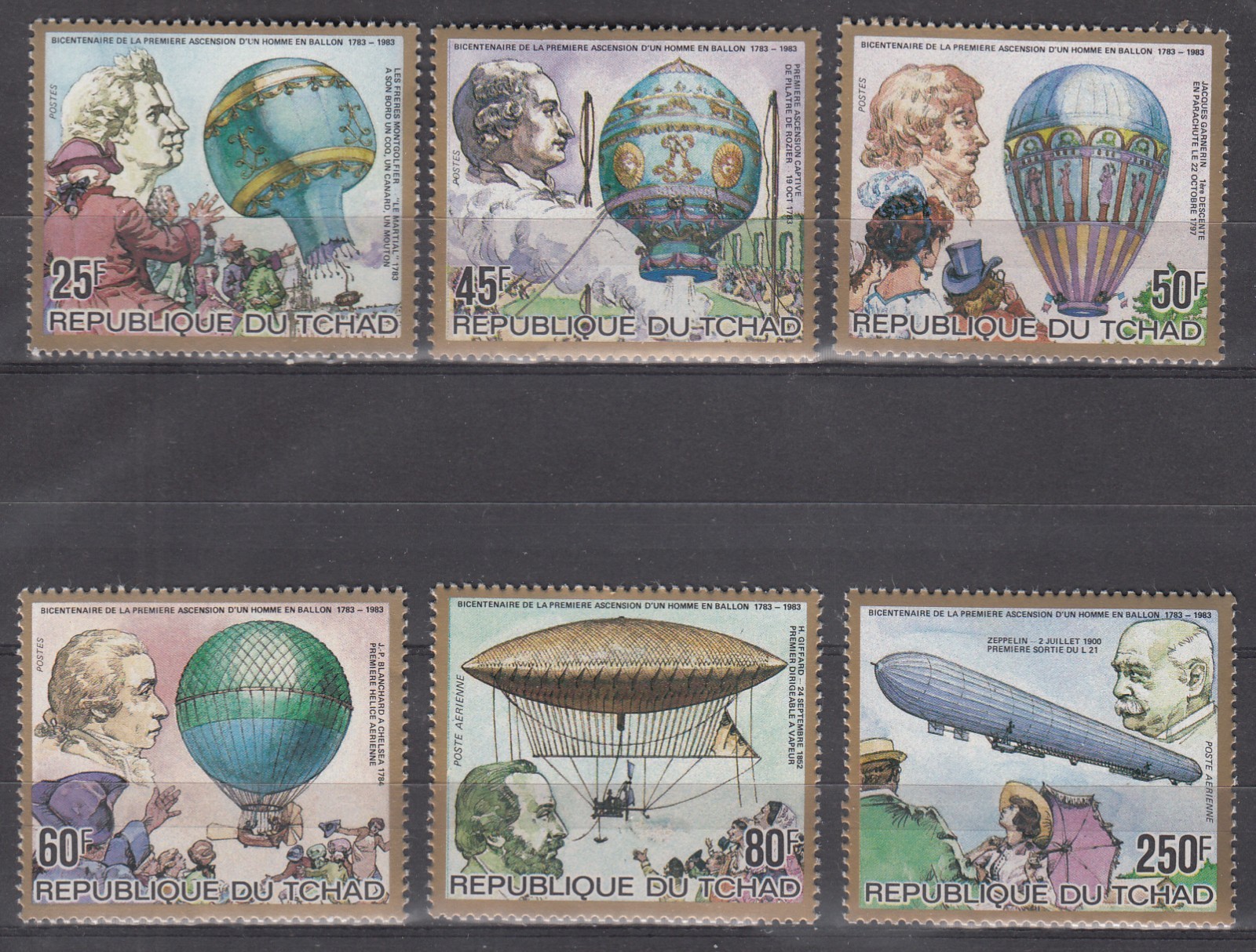 W CHAD 0448-451+C268-C269 FIRST MANNED BALLOON FLIGHT 200TH ANNIVERSARY
