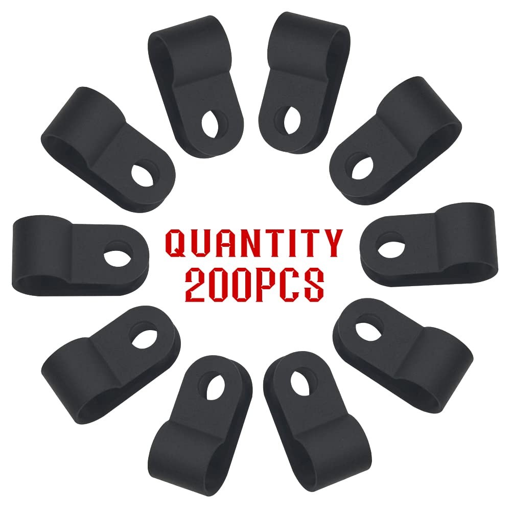 200 PCS 5/16"Nylon Cable Clamps Assortment R-Type Clips Kit Black Plastic Wire