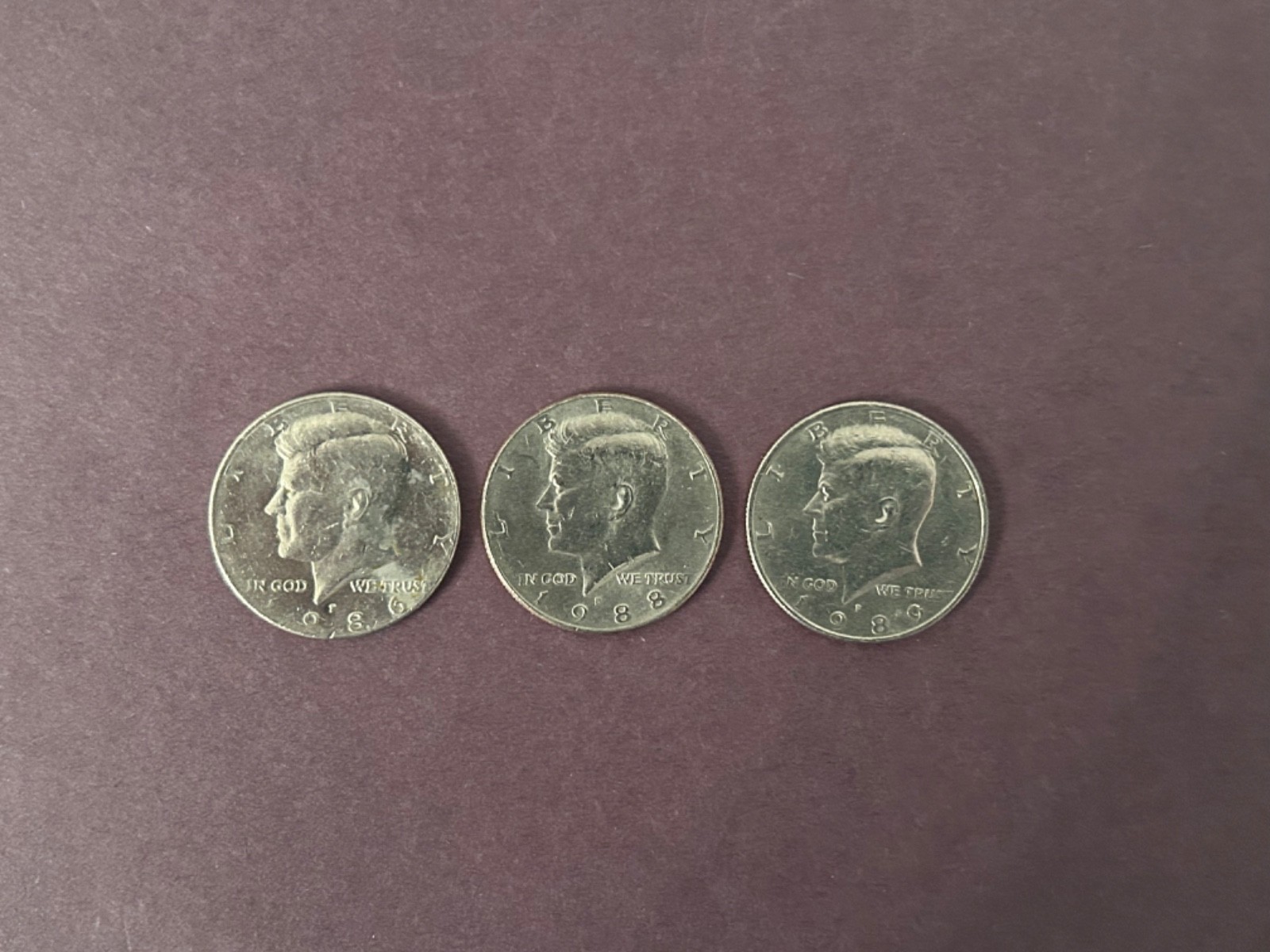 1986 1988 1989 KENNEDY HALF DOLLAR set of 3 coins Philadelphia mint Circulated