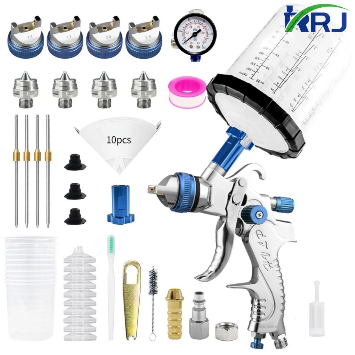HVLP Car Paint Spray Gun 1.4 1.7 2.0 2.5mm Regulator Gauge 10x650ml No-wash Cup