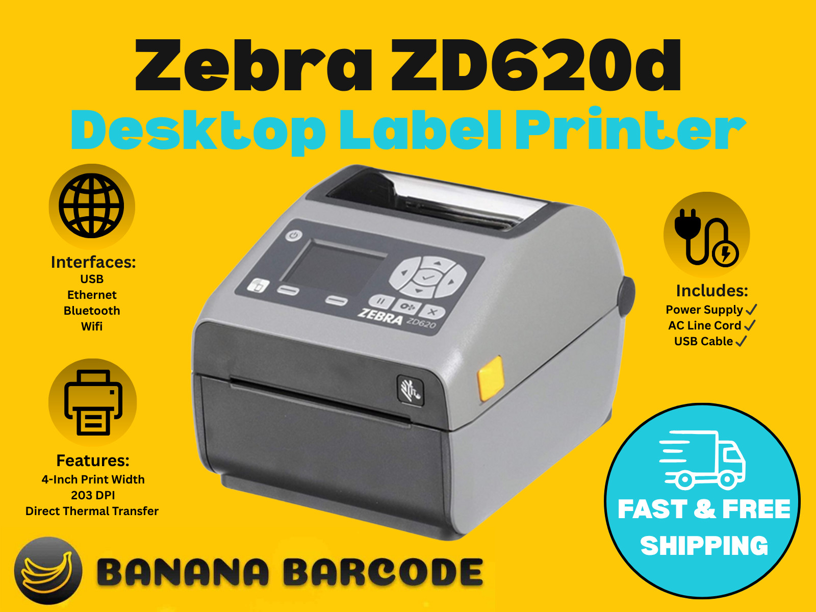 ✅Zebra Desktop Label Printer ZD620D | 4-Inch, LAN, WiFi, w/ New USB Cable!⭐