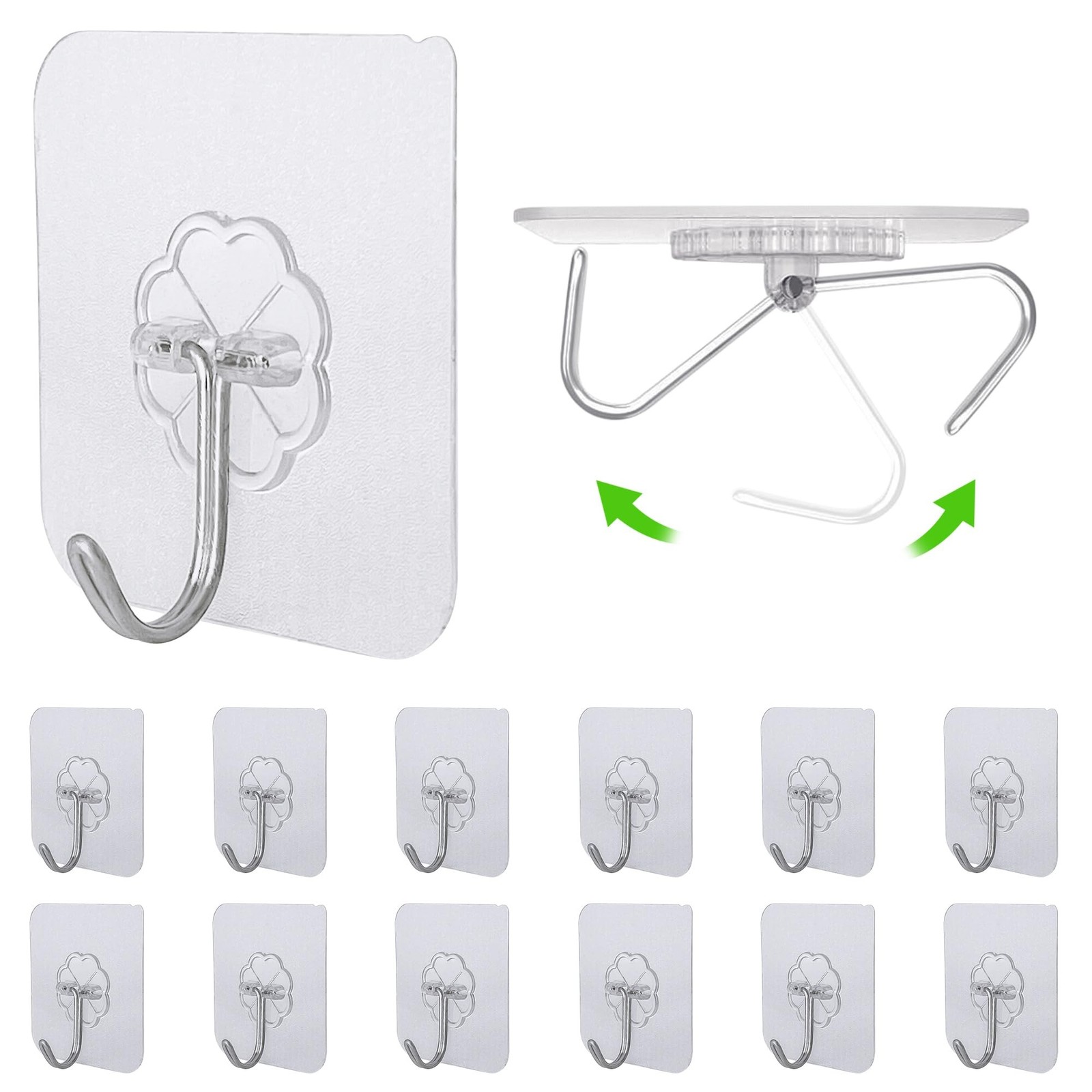 12 PCS Self Adhesive Hooks for Hanging - 33lb Max, Transparent Stick on Hooks...