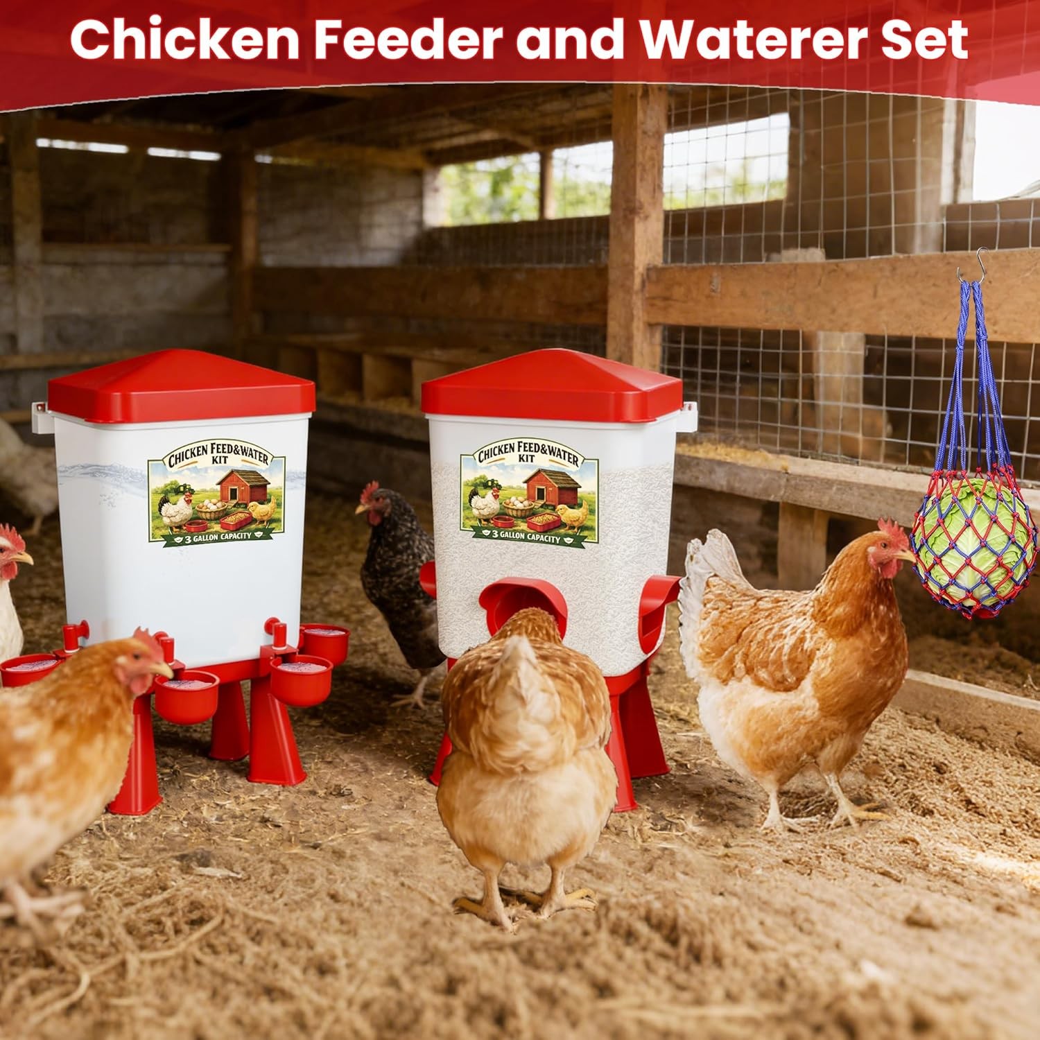 Chicken Feeder and Waterer Set, 3 Gallon/16 LB Automatic Poultry Feeding System