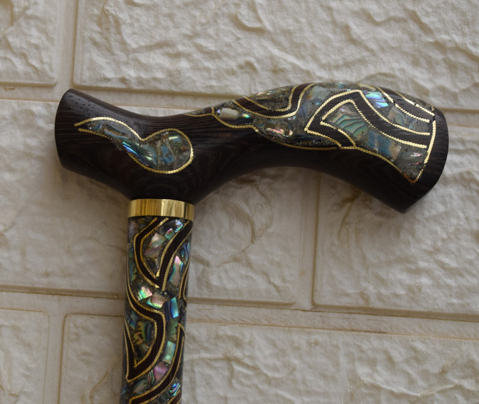 Wood Walking Cane with Abalone Shell Inlay – Handmade Luxury Walking Stick 36"