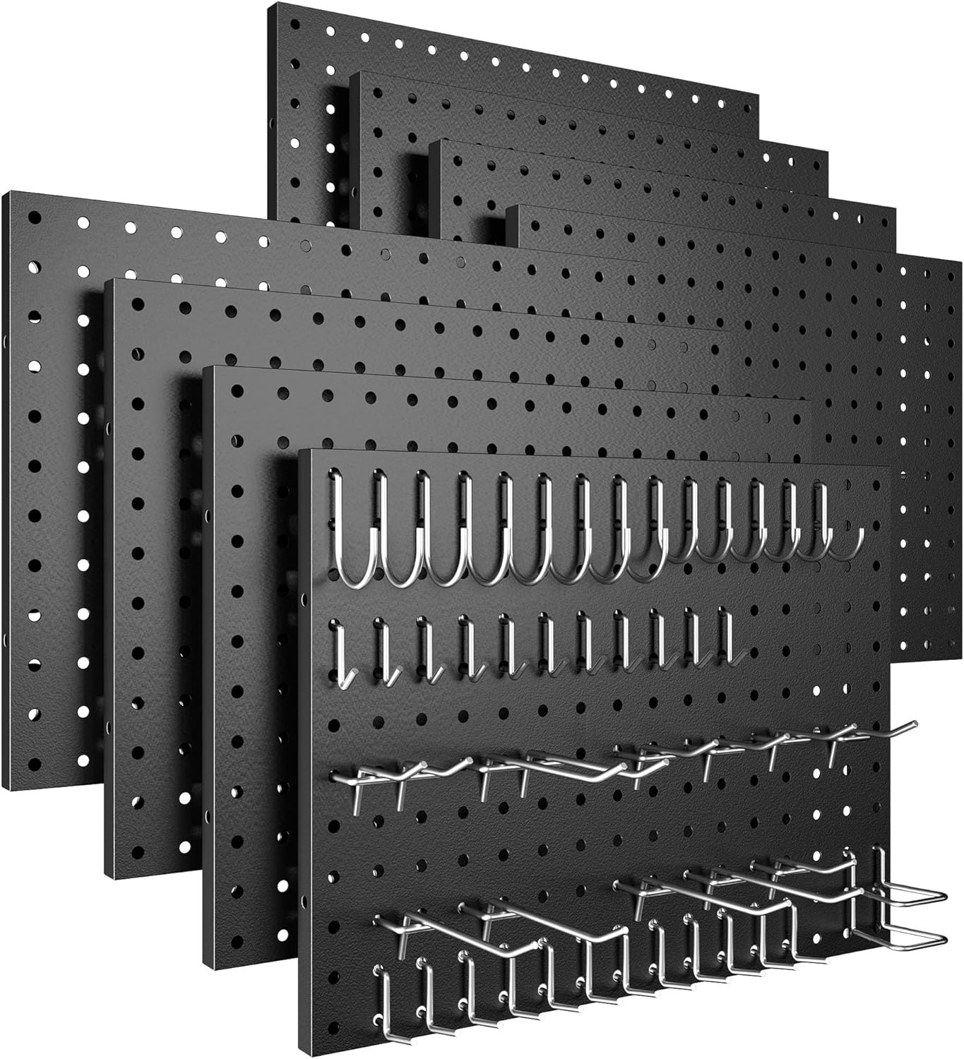 Peg Board, 8 Pack Metal Pegboard Panels with 50 Hooks, Black Pegboards Wall Orga