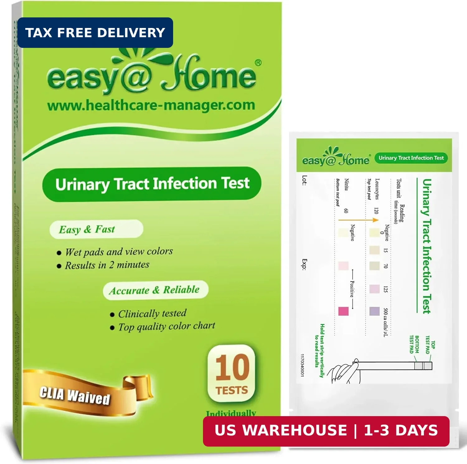 Easy@Home 10 Individual Pouch Urinary Tract Infection FSA Eligible Test Strips,