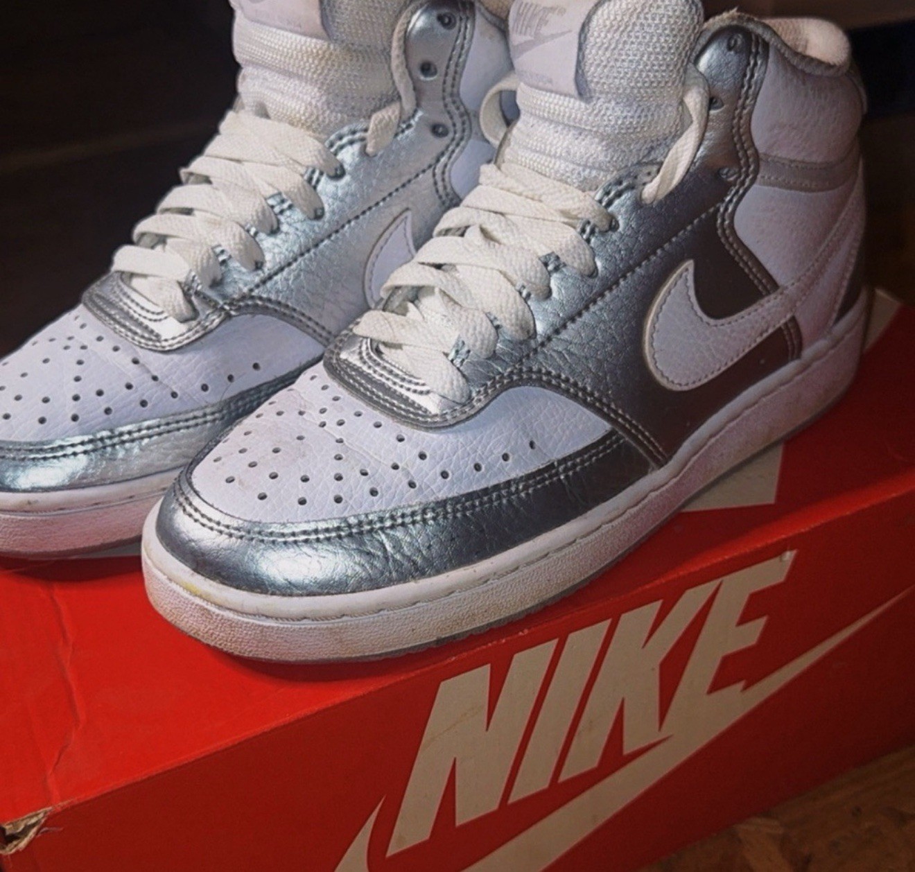 Nike Court Vision Mid White Silver Leather High Top Basketball Sneakers