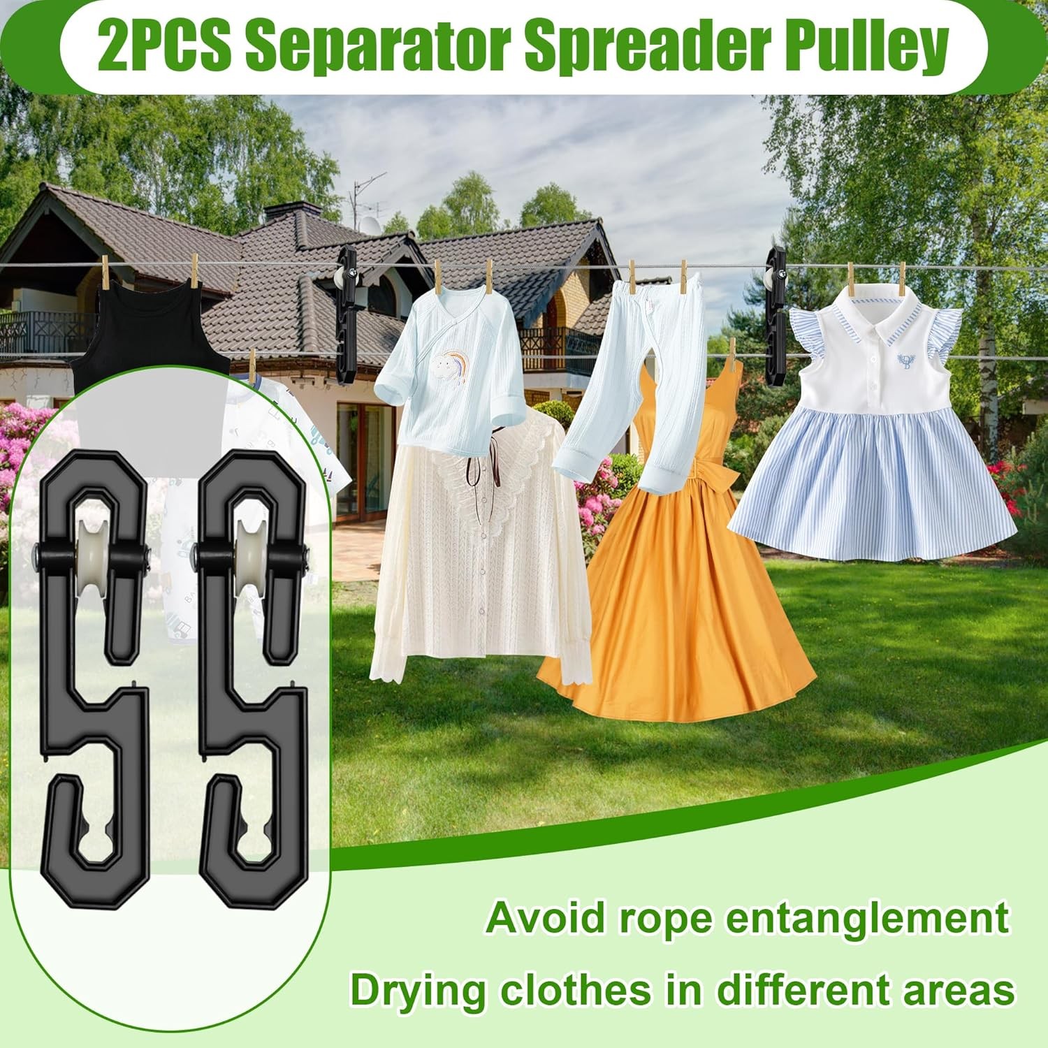 Outdoor clothesline set, includes clothesline pulley assembly,