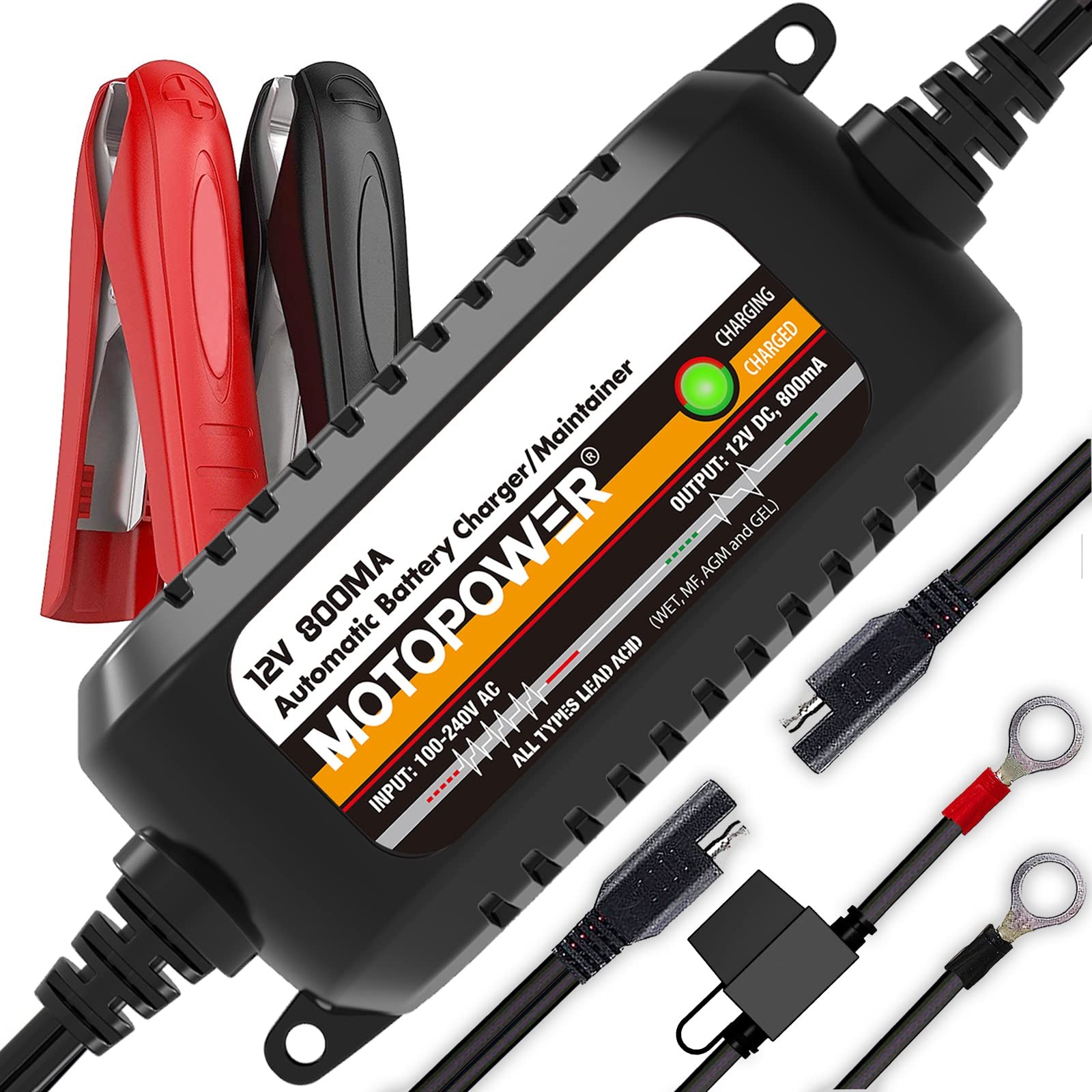 MOTOPOWER MP00205C 12V 800mA Automatic Battery Charger, Black