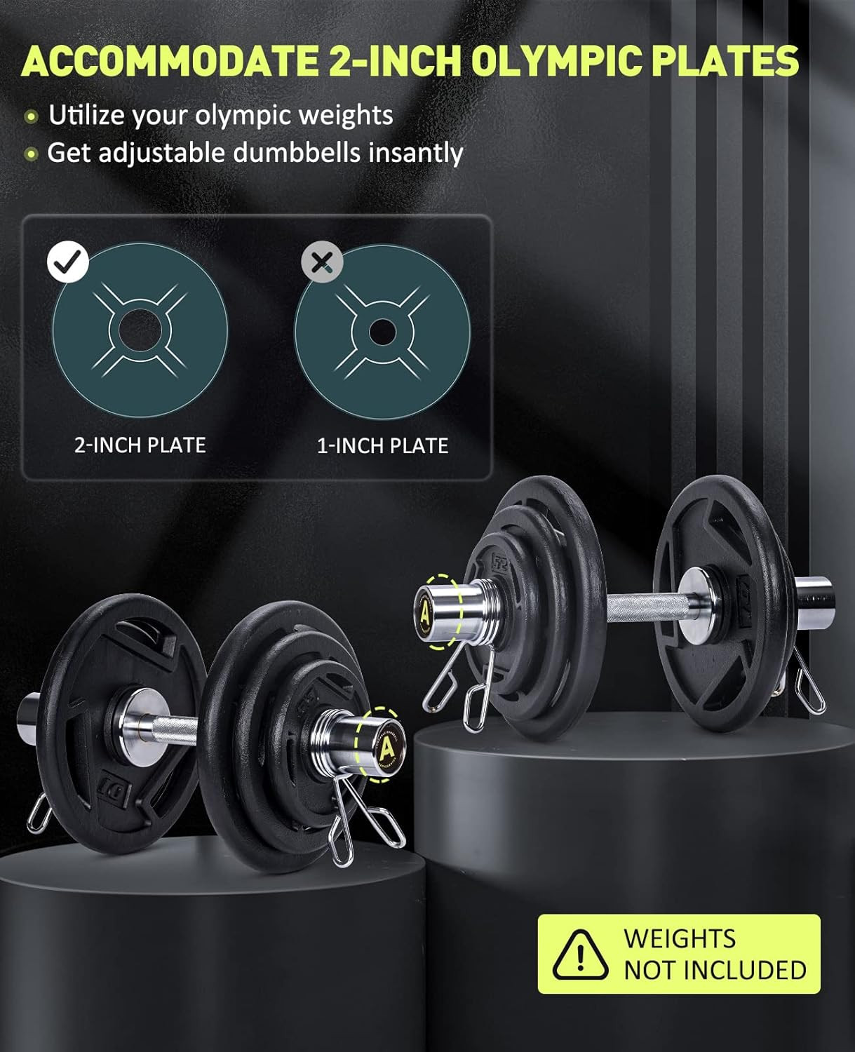 16" Olympic Dumbbell Handles, Solid Steel Loadable Weight Bars for 2-Inch Plates