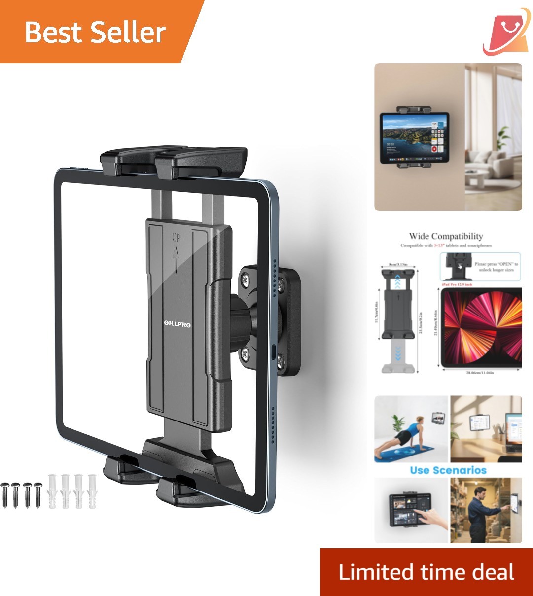 Universal Tablet Wall Mount Holder for 4.7-13 Inch Devices Adjustable 360°