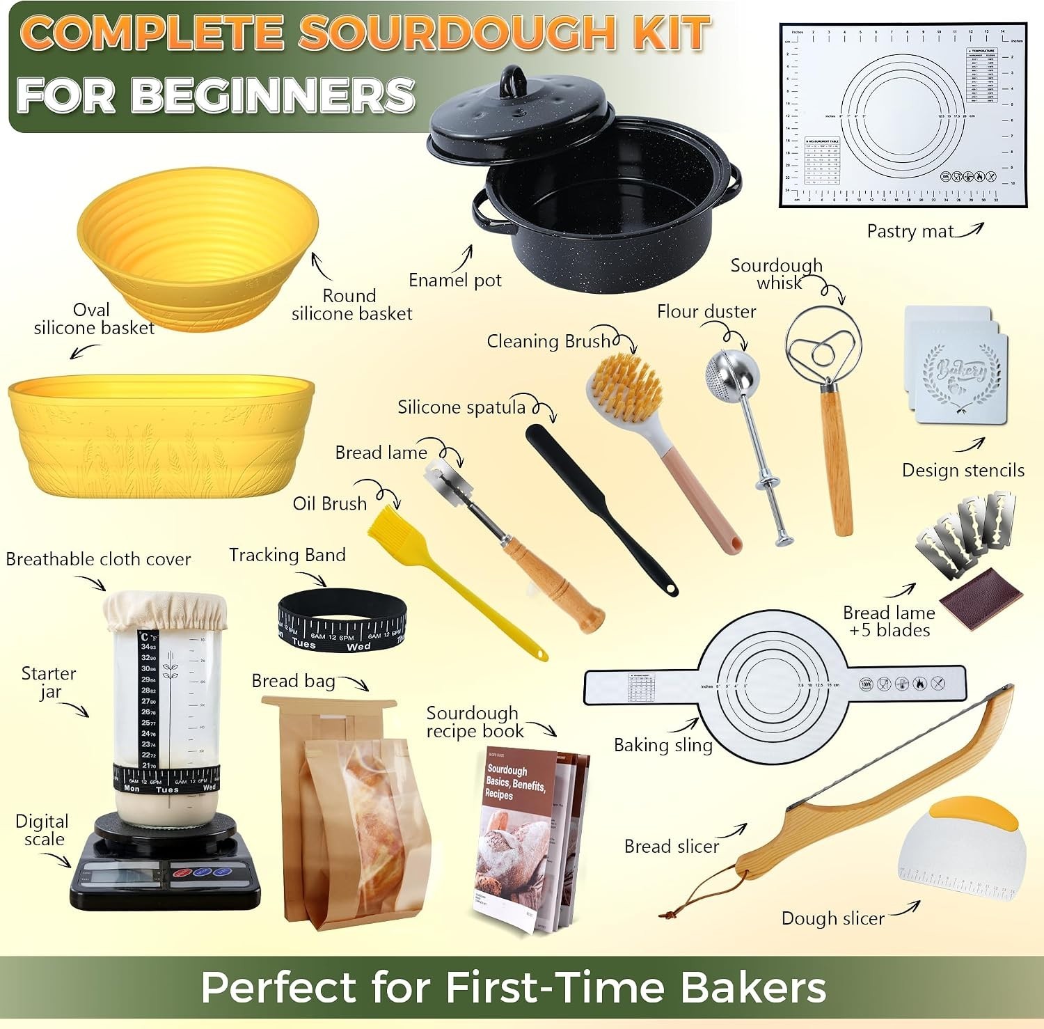 34 oz Sourdough Starter Kit: Complete Beginner’s Bread Baking Set in Yellow