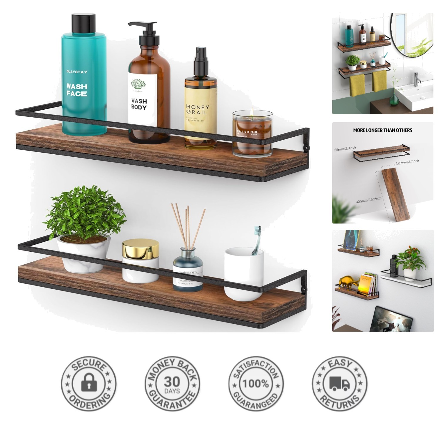 Rustic Floating Wall Shelves Set of 2 - Sturdy Wood Storage for Home Design