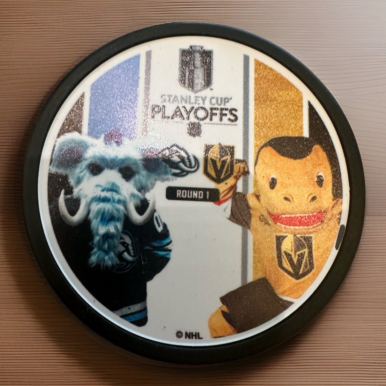 VEGAS GOLDEN KNIGHTS UTAH MAMMOTH PLAYOFF MASCOT MATCHUP PUCK CHANCE TUSKY