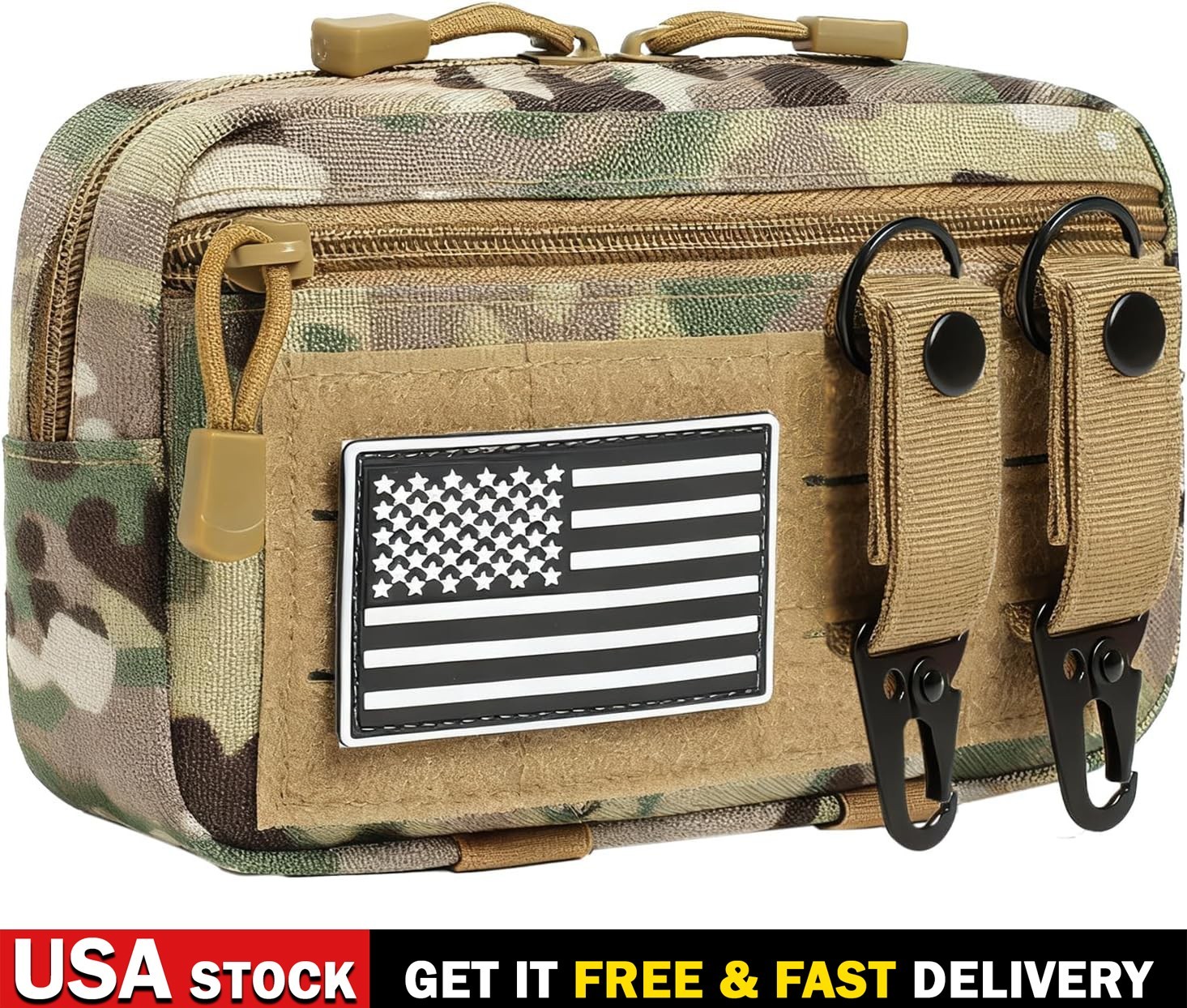 Tactical MOLLE Admin Pouch with 2 Keychains US Flag Patch Outdoor EDC Tool Bag