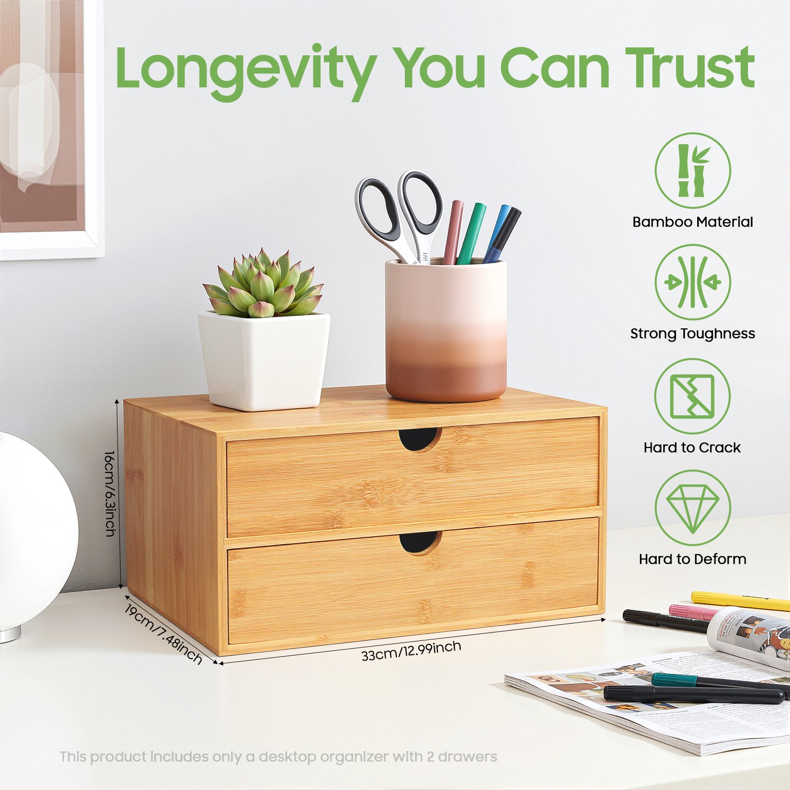 Small Bamboo Organizer for Desk, Tabletop Storage Organization Box with 2 Drawer