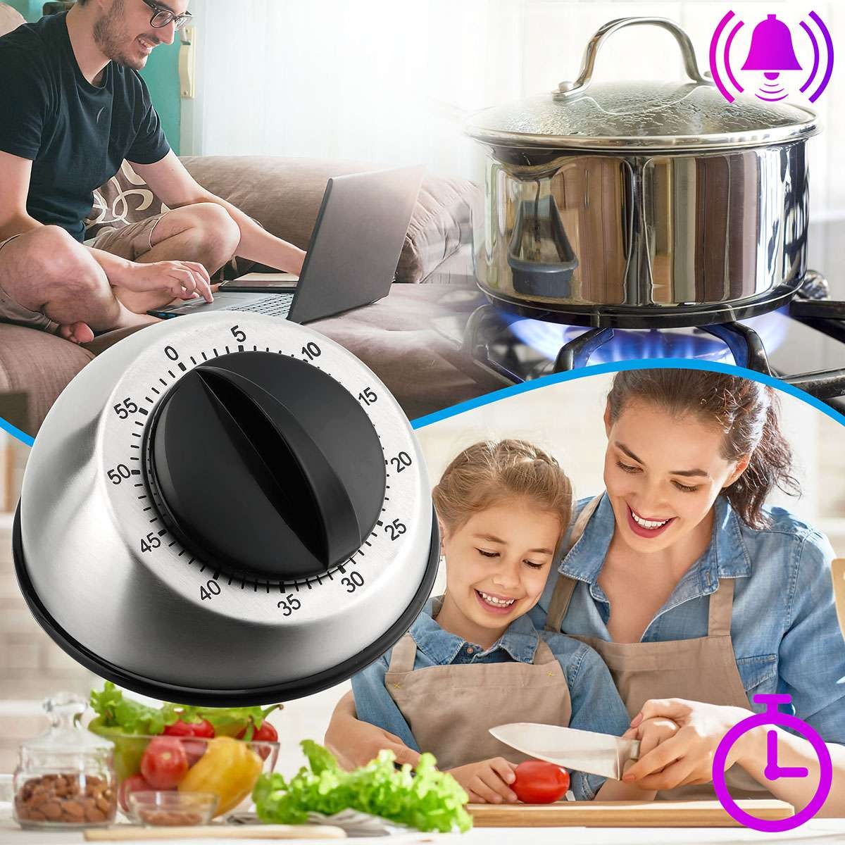 Long Ring Bell Alarm Loud 60-Minute Kitchen Cooking Wind Up Timer Mechanical US