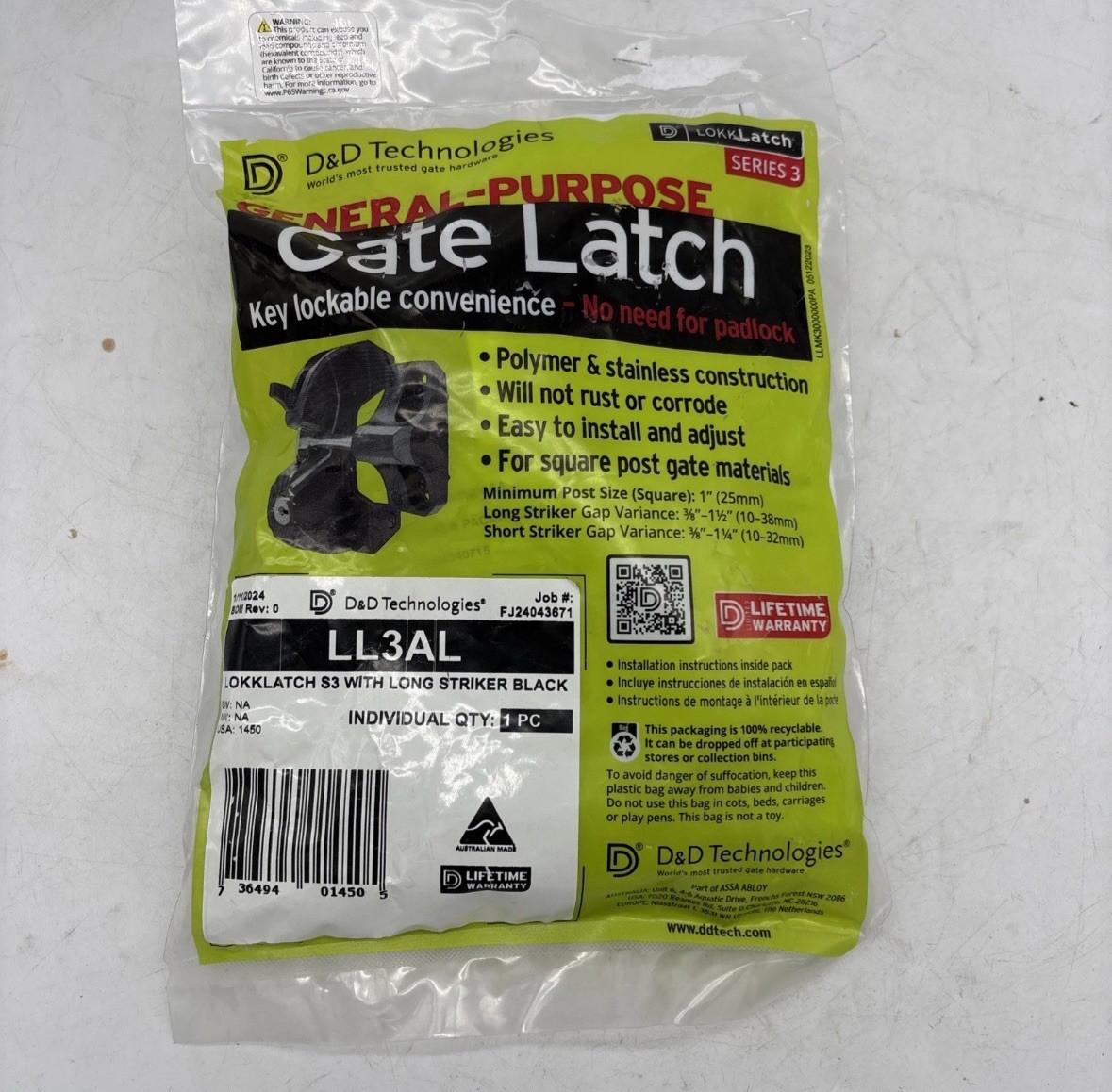 LL3AL LokkLatch Gate Series 3 Open Latch & Keyed Lock Long Striker D&D