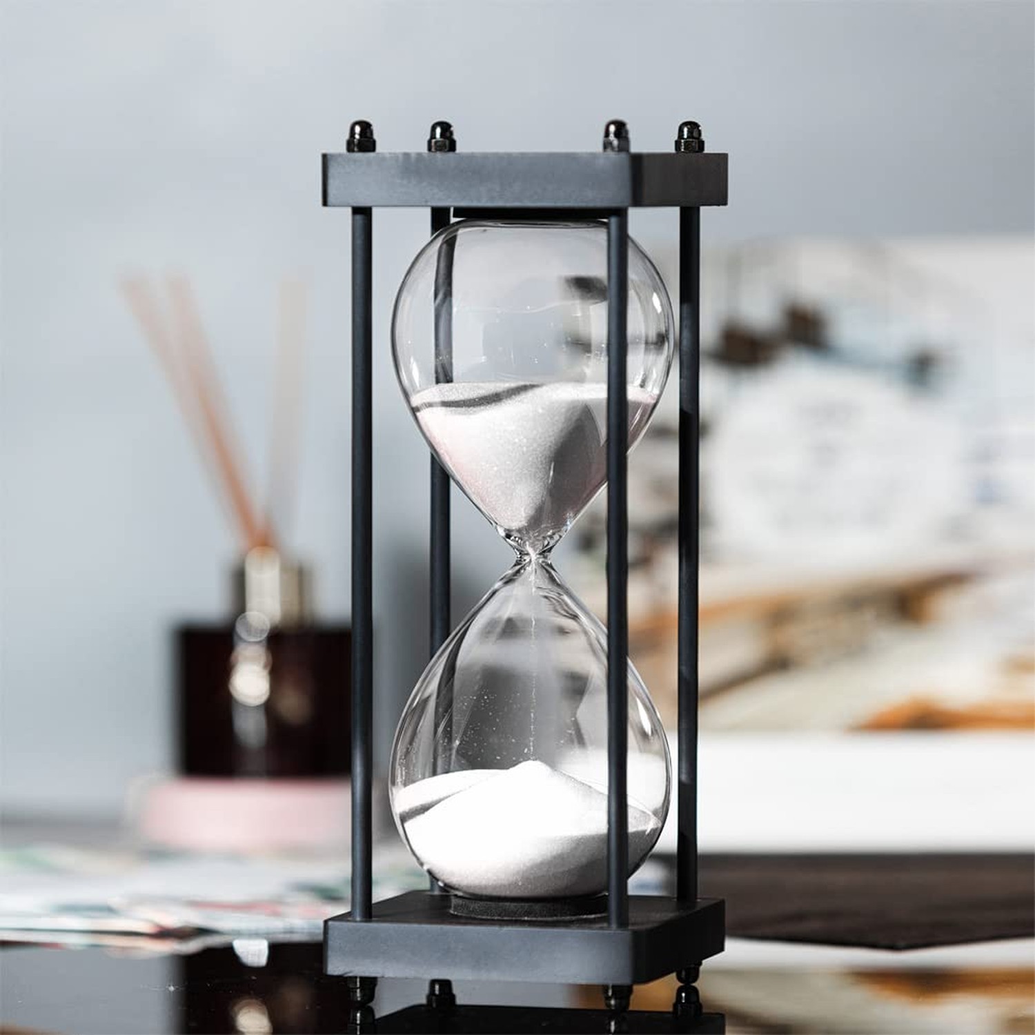 Large Hourglass Timer 60 Minute, Decorative Black Frame Sandglass with White ...