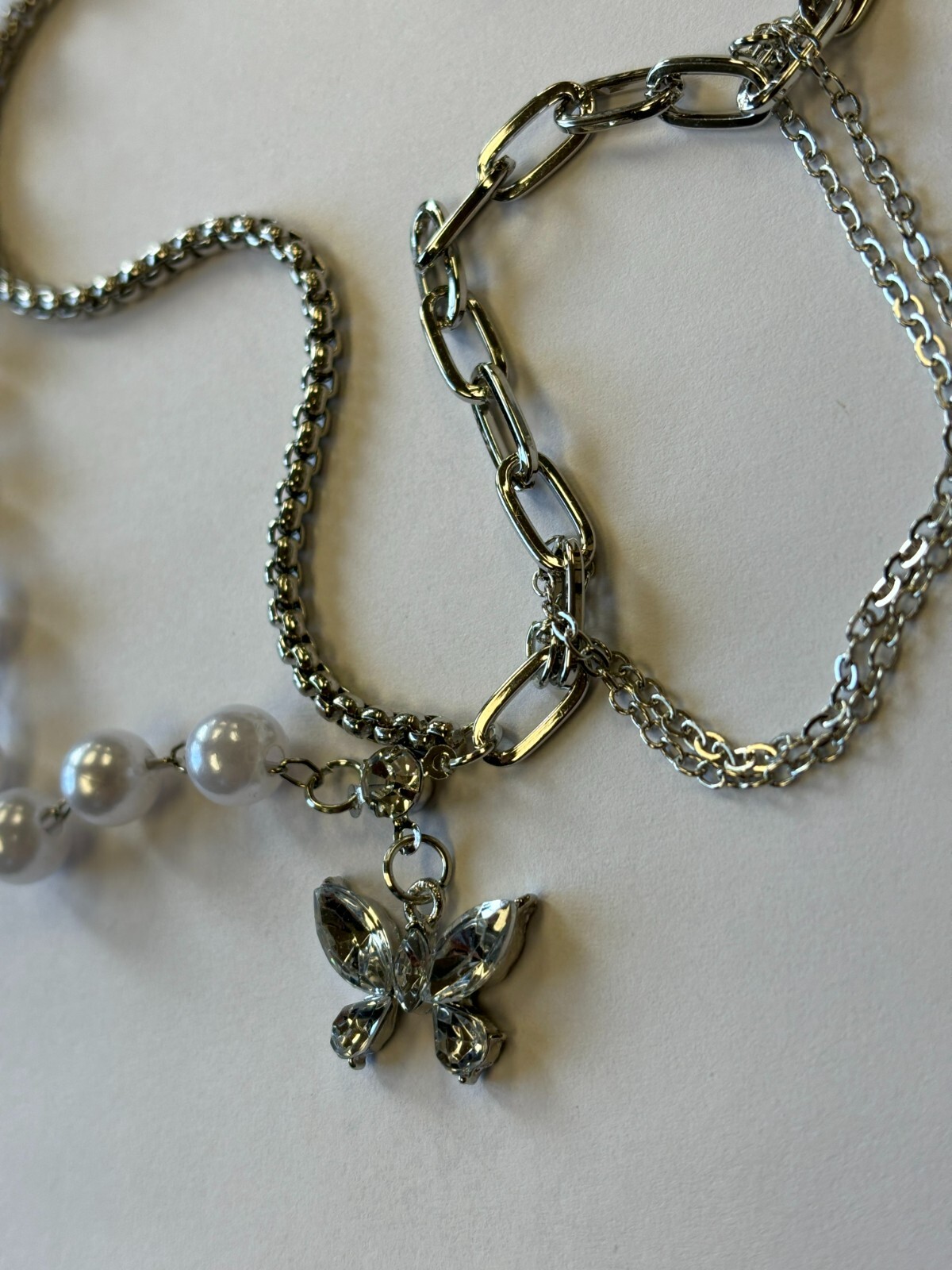 Dual Chain Pearl Enchanted Glass Butterfly
