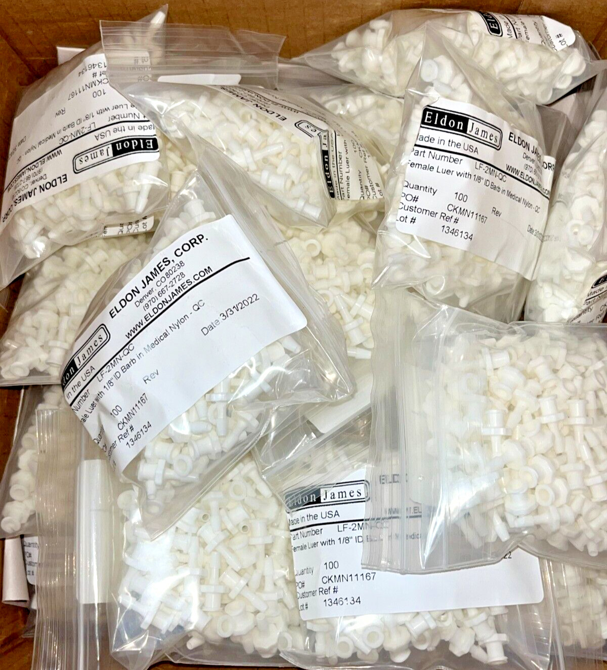 New Lot of 2700 Eldon James LF-2MN-QC Female Luer w 1/8 ID Barb in Medical Nylon