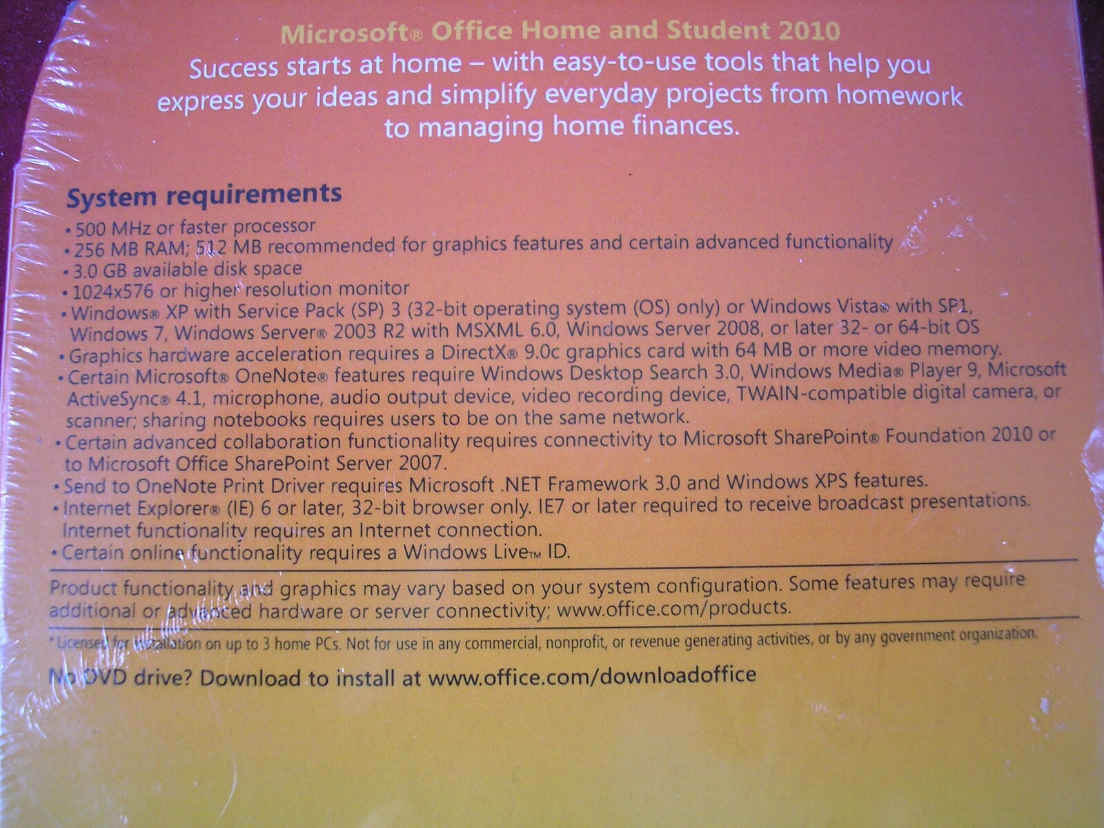 Microsoft Office 2010 Home and Student For 3 PCs Full Version =NEW SEALED BOX=