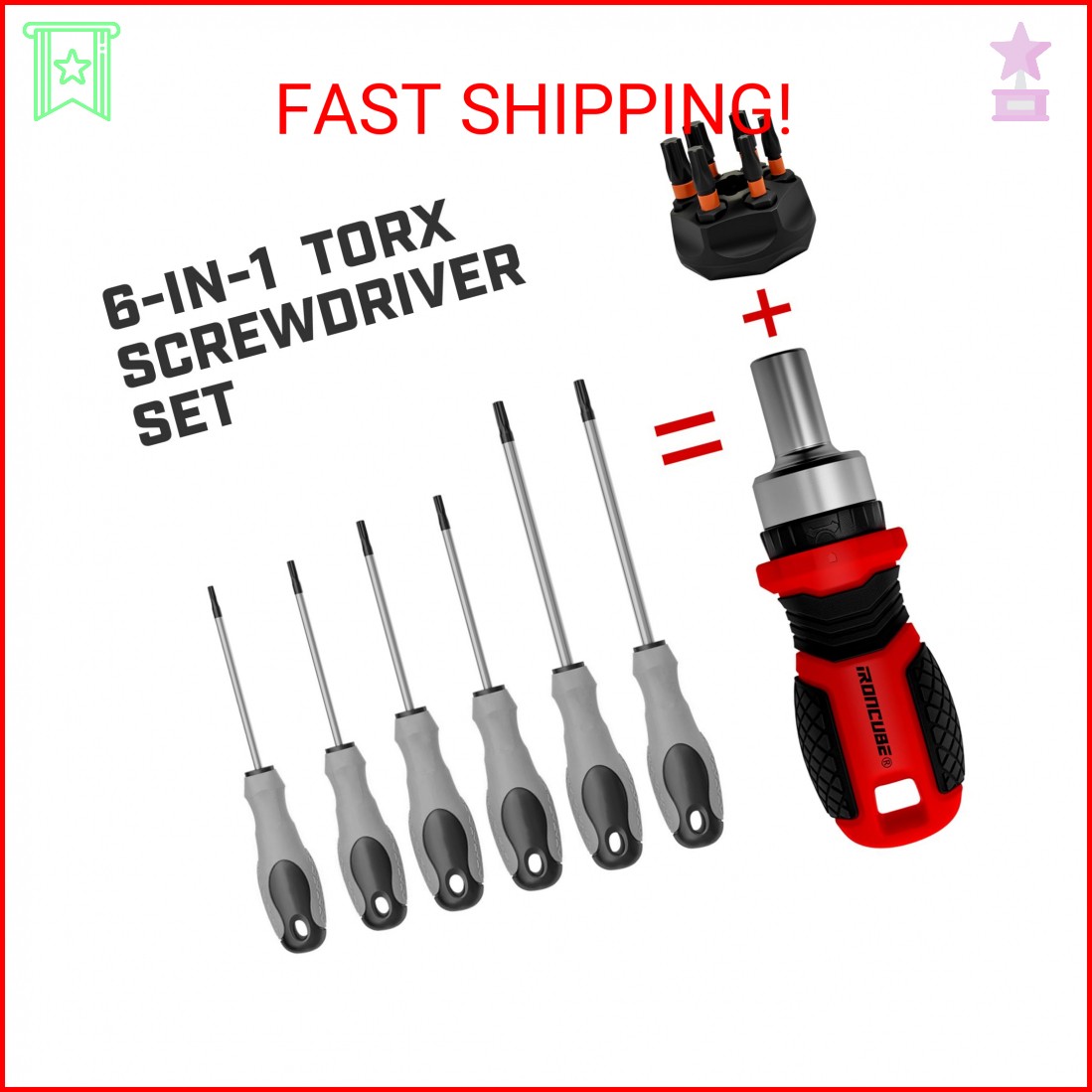 IRONCUBE Magnetic Torx Screwdriver Set: 6 in 1 Multi Bit Drive Set with Intercha