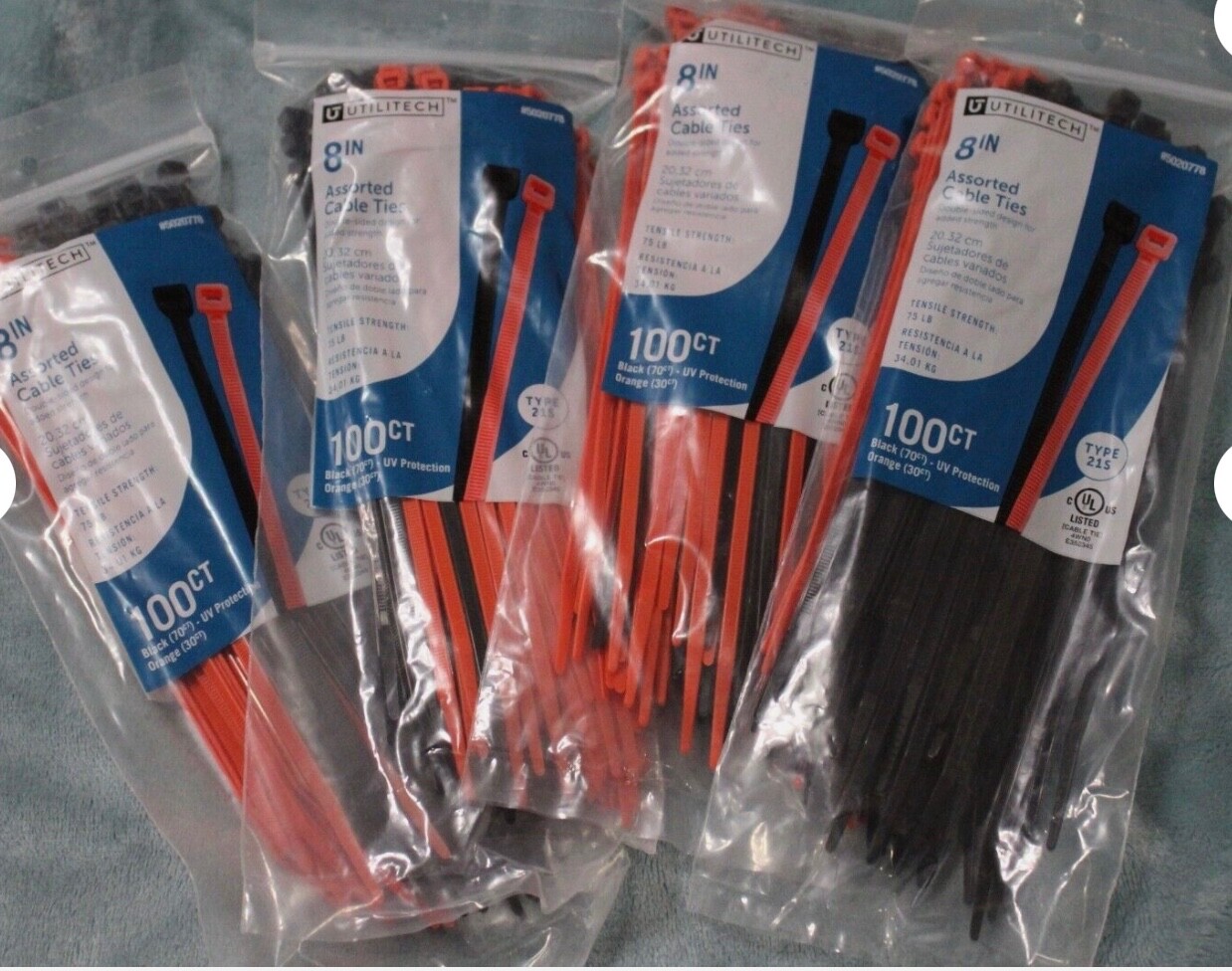 Lot of 4 400 Pcs  Utilitech 100 count 8" Assorted Cable Ties - Type 21S 5020778