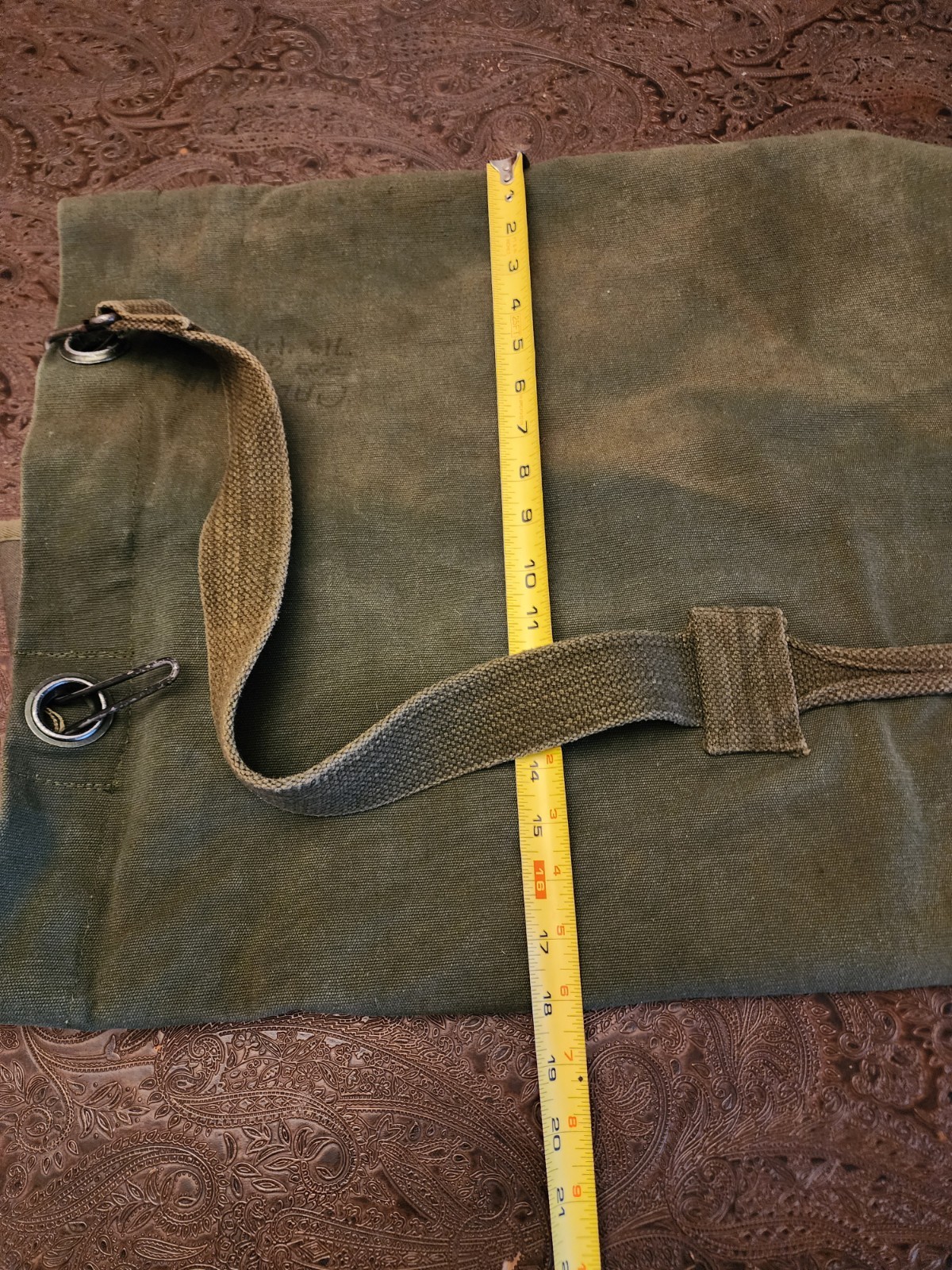 Vintage US Military Duffel Bag. Top Load, Green Canvas, Handle & Strap.